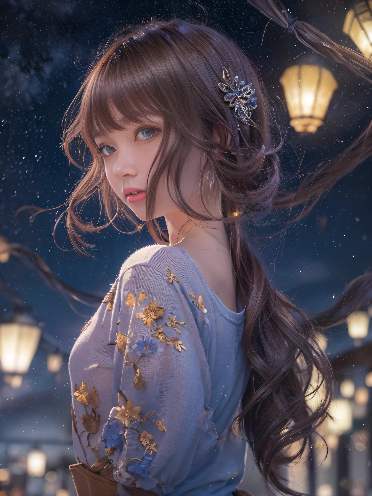 top-quality、​masterpiece、超A high resolution、(Expanding night sky)、(Lots of sparkling starry skies)、milkyway、(Photorealsitic:1.4)、Raw photo、Detailed CG image quality、(Floating Lantern:1.4)、Beautiful fece、1girl in、japanes、20yr old、(blue eyess:1.2)、pink lipsticks、A smile、(Brown hair:1.4)、skin tanned、nape、(Hair Ornament:1.4)、(Thin T-shirt:1.4)、a miniskirt、cleavage of the breast、detailed portrait、8K picture quality、concept-art、Cinematic and dramatic atmosphere、foco nítido、Volumetric lighting、Cinematographic lighting、Colorful neon lighting、depth of fields、Ambient lighting、Blurred foreground、blurry backround:1.3、(The whole body is visible:1.4)、