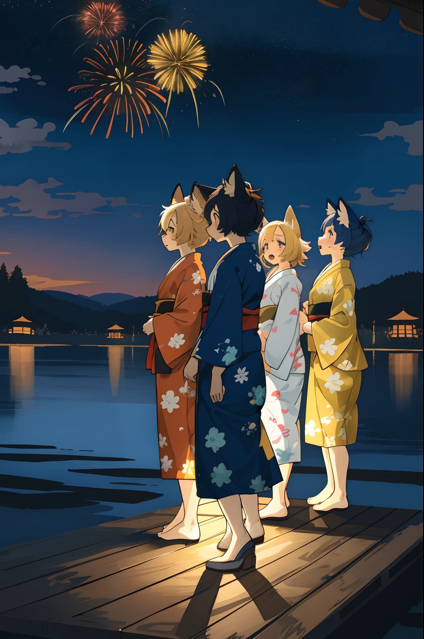top quality, best quality, highres, masterpiece, super high resolution, detailed background, lake, nigh sky, firework, japanese yukata, 6+boys, 6+girls, absurdres(highly detailed beautiful face and eyes)perfect anatomy, good lighting, cinematic shadow(kemono, furry anthro)assorted expressions, assorted poses, assorted angles, full body, upper shot, dynamic angle(girls comic-like panel layouts, speech balloon, English text, Hand-drawn sound effects stickers used in girls comic),