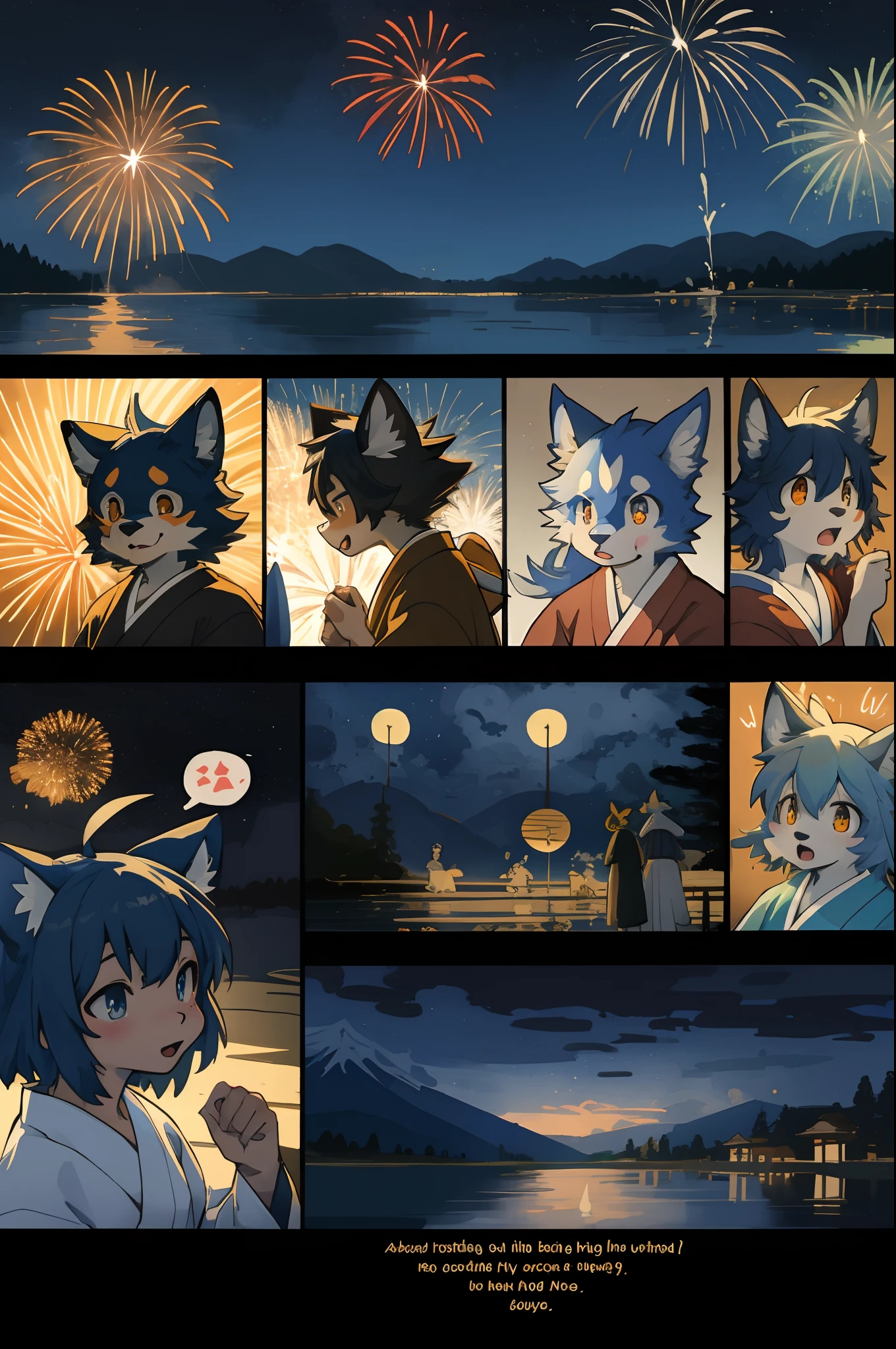 top quality, best quality, highres, masterpiece, super high resolution, detailed background, lake, nigh sky, firework, japanese yukata, 6+boys, 6+girls, absurdres(highly detailed beautiful face and eyes)perfect anatomy, good lighting, cinematic shadow(kemono, furry anthro)assorted expressions, assorted poses, assorted angles, full body, upper shot, dynamic angle(girls comic-like panel layouts, speech balloon, English text, Hand-drawn sound effects stickers used in girls comic),