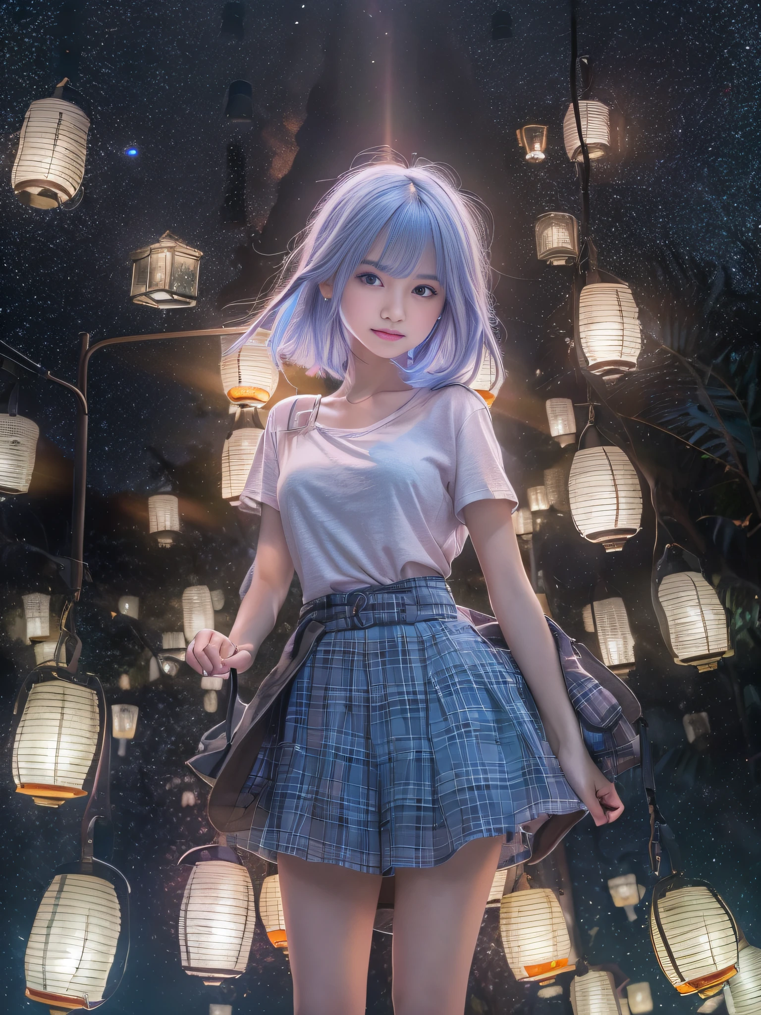 top-quality、masterpiece、超A high resolution、(Expanding night sky)、(Lots of sparkling starry skies)、milkyway、(Photorealsitic:1.4)、Raw photo、Detailed CG image quality、(Floating Lantern:1.4)、Beautiful fece、1girl in、japanes、20yr old、(blue eyess:1.2)、pink lipsticks、A smile、(Black hair:1.4)、(Shortcut Hair)、skin tanned、(Thin T-shirt:1.4)、a miniskirt、cleavage of the breast、detailed portrait、8K picture quality、concept-art、Cinematic and dramatic atmosphere、foco nítido、Volumetric lighting、Cinematographic lighting、Colorful neon lighting、depth of fields、Ambient lighting、Blurred foreground、blurry backround:1.3、(The whole body is visible:1.4)、