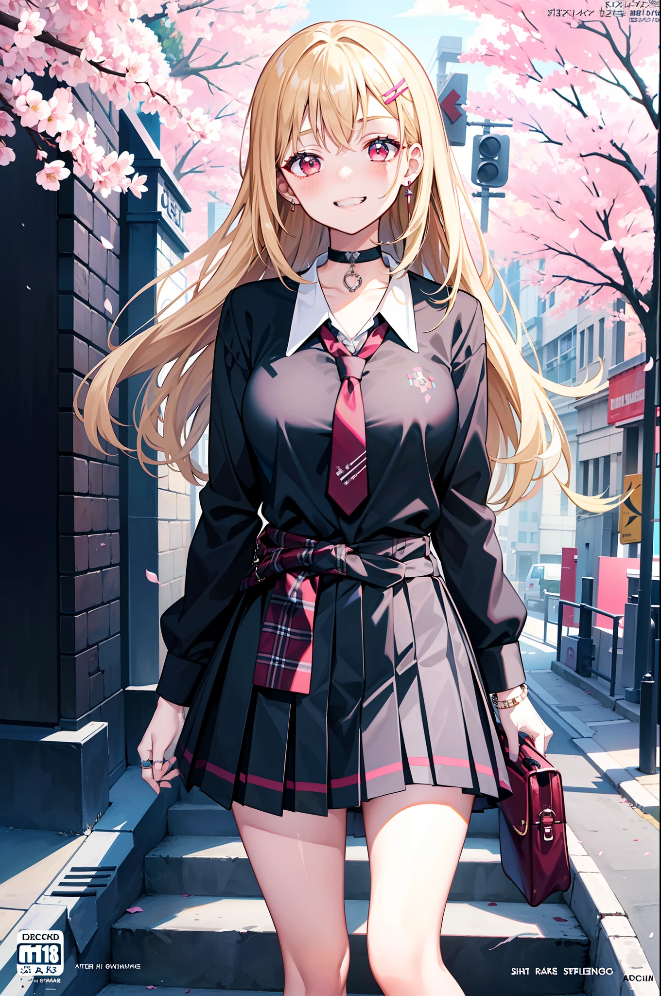 masterpiece, best quality, full body, 1girl, bangs, black choker, black necktie, blonde hair, blue skirt, blush, bracelet, breasts, choker, clothes around waist, collarbone, collared shirt, cowboy shot, dress shirt, ear piercing, eyebrows visible through hair, gradient hair, grin, gyaru, jewelry, kogal, long hair, looking at viewer, loose necktie, necktie, piercing, plaid, plaid skirt, pleated skirt, red eyes, ring, school uniform, shirt, skirt, smile, solo, white shirt, street, sky, cherry blossoms, petals,illustration, (magazine:1.3), (cover-style:1.3), fashionable, woman, vibrant, outfit, posing, front, colorful, dynamic, background, elements, confident, expression, holding, statement, accessory, majestic, coiled, around, touch, scene, text, cover, bold, attention-grabbing, title, stylish, font, catchy, headline, larger, striking, modern, trendy, focus, fashion,
