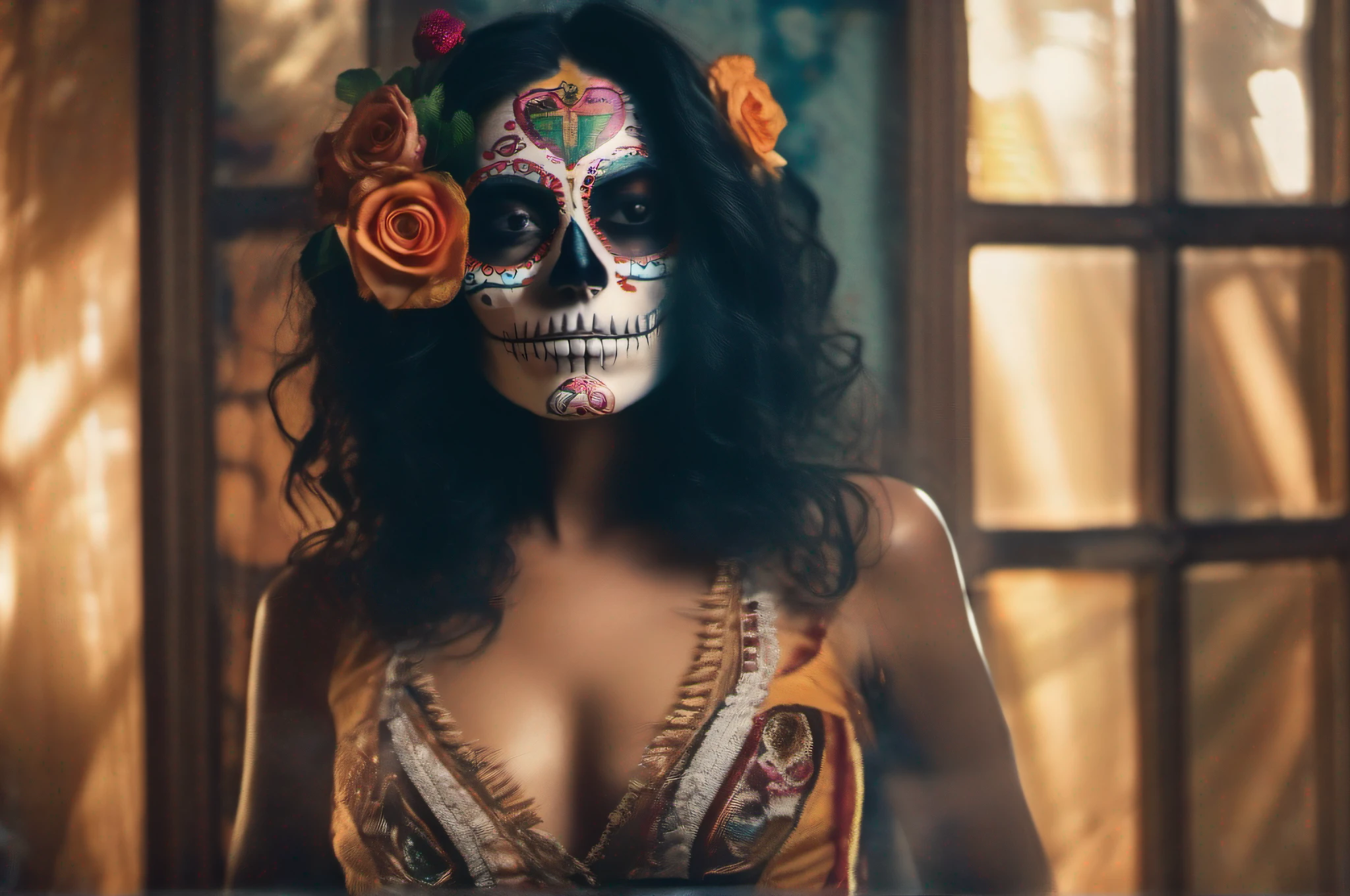 beautiful  ????? woman, in  Catrina / Mexican Skull MakeUp (Dia de muertos), (((dimly lit room with evening light rays entering a nearby window))), medium frame, sharp
focus, low-light cross-processed film still,  award winning studio photography, professional color grading, clean sharp focus, hyperrealistic, In a dark graffiti background, 8k