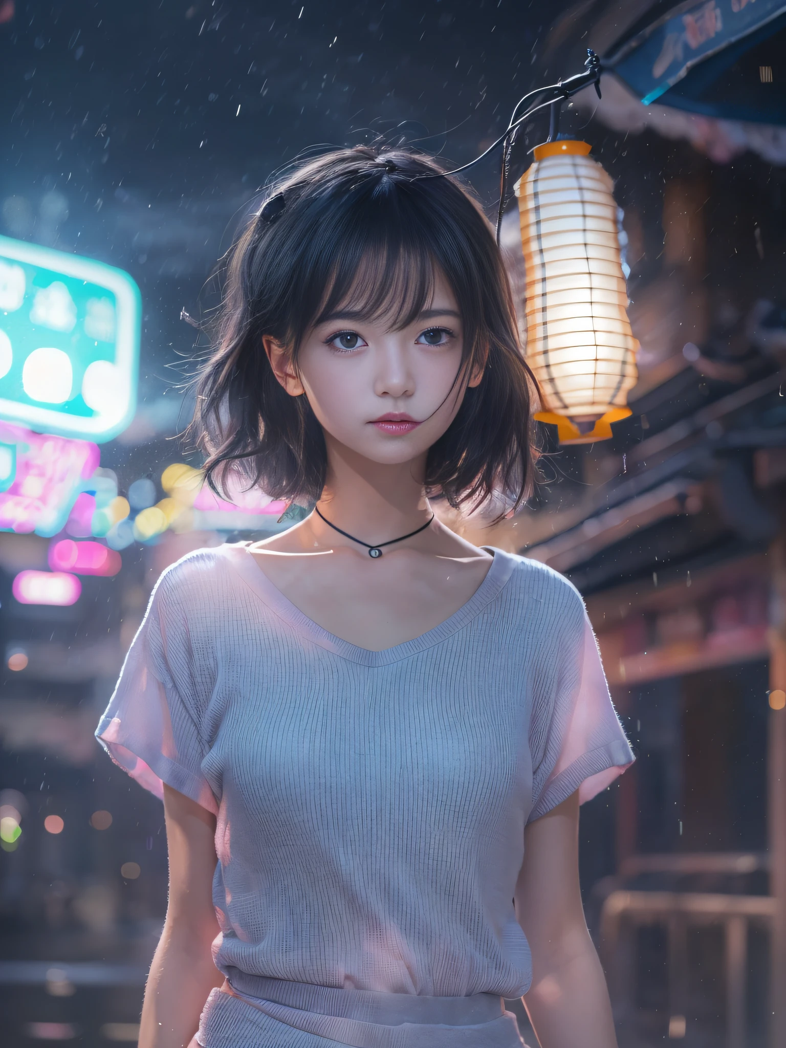 top-quality、​masterpiece、超A high resolution、(Expanding night sky)、(Lots of sparkling starry skies)、milkyway、(Photorealsitic:1.4)、Raw photo、Detailed CG image quality、(Floating Lantern:1.4)、Beautiful fece、1girl in、japanes、20yr old、(blue eyess:1.2)、pink lipsticks、A smile、(Black hair:1.4)、(Shortcut Hair)、skin tanned、(Thin T-shirt:1.4)、a miniskirt、cleavage of the breast、detailed portrait、8K picture quality、concept-art、Cinematic and dramatic atmosphere、foco nítido、Volumetric lighting、Cinematographic lighting、Colorful neon lighting、depth of fields、Ambient lighting、Blurred foreground、blurry backround:1.3、(The whole body is visible:1.4)、