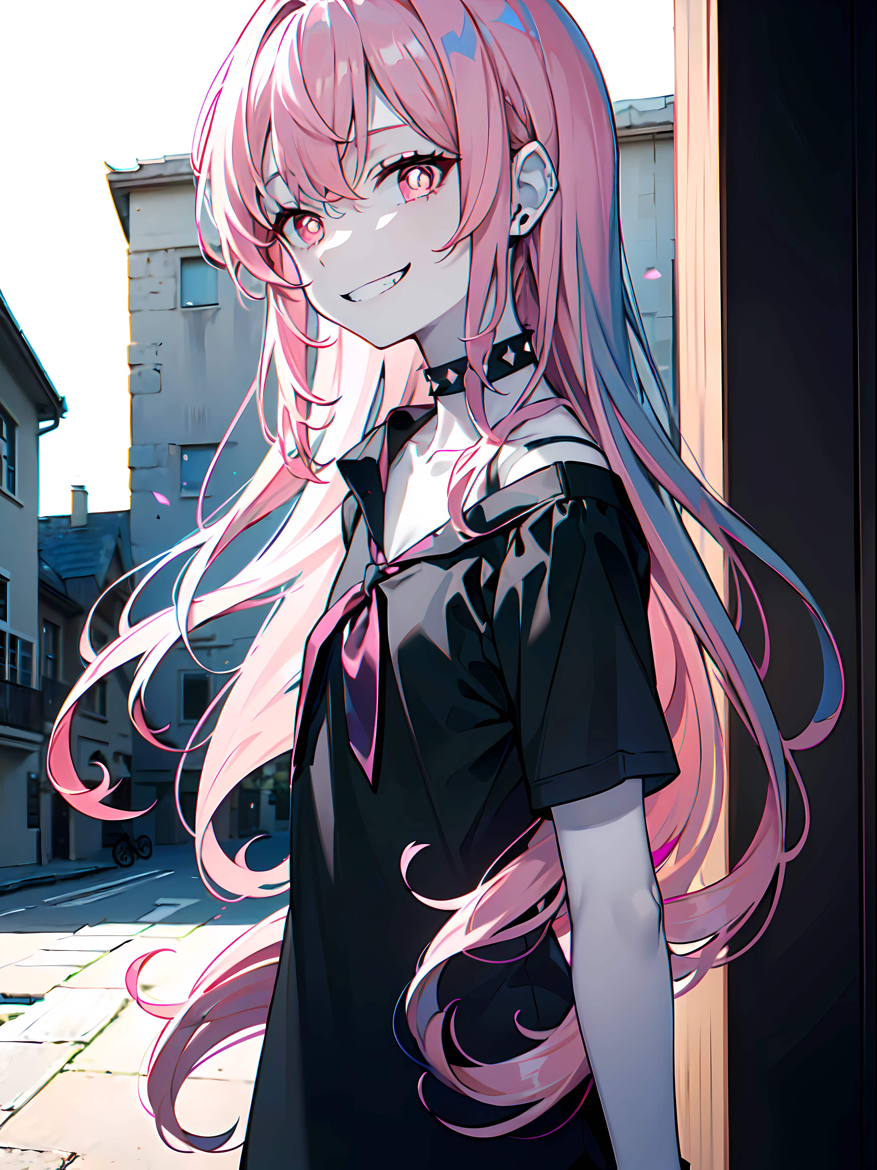 (masterpiece:1.2), (pale skin:1.2), (8k:1.2), (solo:1.2), (female:1.1), (emphasis lines:1.3), (dynamic angle), (off shoulders:1.1), bare shoulders, spiky (choker:1.3), (pink hair:1.3), (curly hair:1.1), ringlets, black neckwear, evil smile, (small pupils:1.1), pink eyes, evil grin, (long hair:1.1), (black shirt:1.2), ribbons, collarbone, (exterior:1.4)