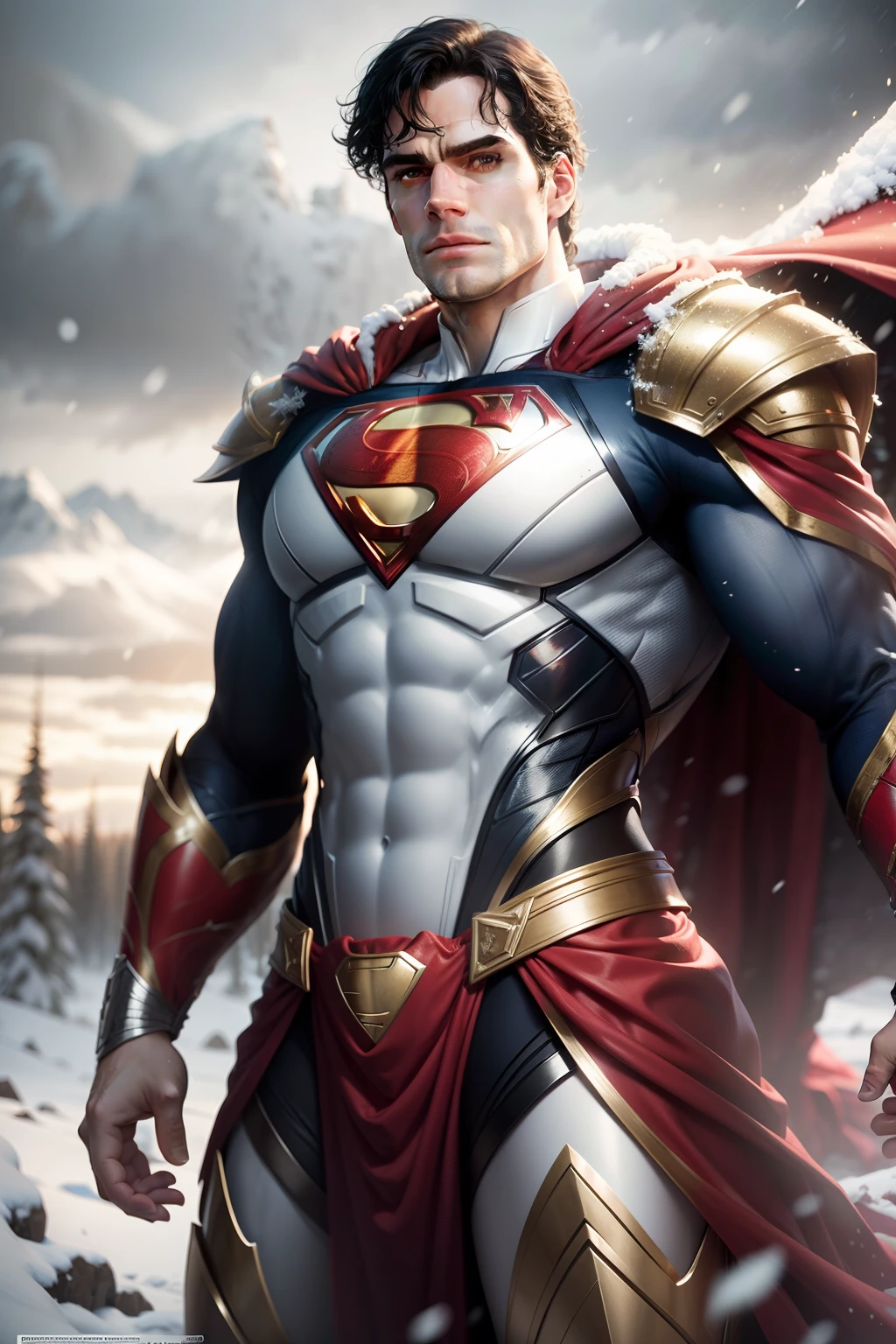 Superman Henry Cavill full body on a white, gold and red armor suit, on a white snow forest, snow falling over the armor, the sin shines over the armor suit, hyper realistic, photorealistic, 8K, an award winning photo
