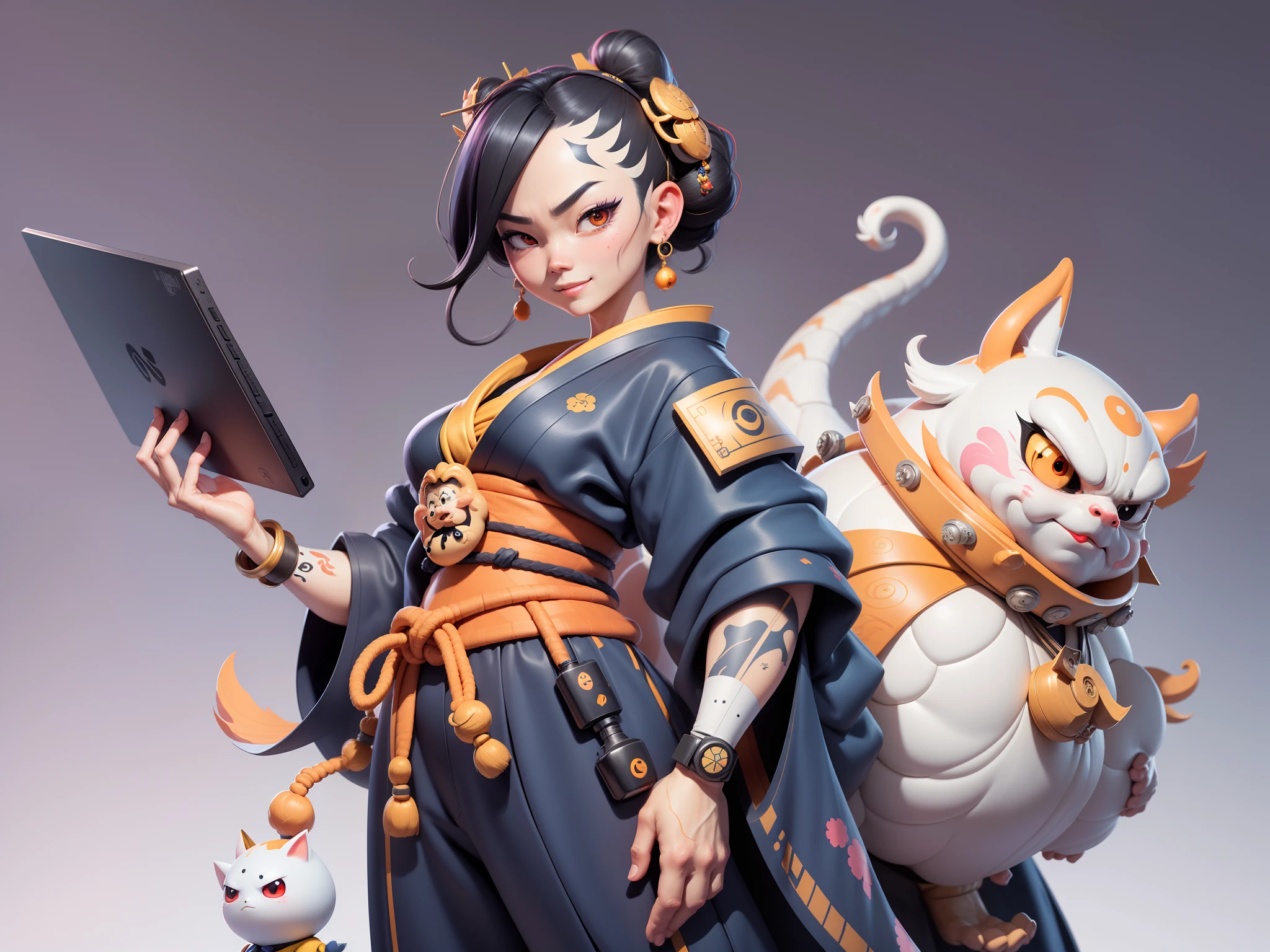 (Daisaku),(Need),(Super meticulous),(full bodyesbian:1.2),Japanese ukiyo-e girl,japanese geisha,Beautiful,Oriental dragon,one tiger,Aeolian Thor,Raised sexy,爆乳,Oriental face,TV Anchor,Bust portrait illustration,Alone,In black suit,a blue tie,The face is slightly chubby,The face was clean,without a beard,Black super short hair,Black eyes,Smile confidently,3C computer sub-products,iPad, iphone,Digital painting,3D character design by Mark Clairen and Pixar and Hayao Miyazaki and Akira Toriyama,The illustration is a high-definition illustration in 4K resolution,With very detailed facial features and cartoon-style visuals。