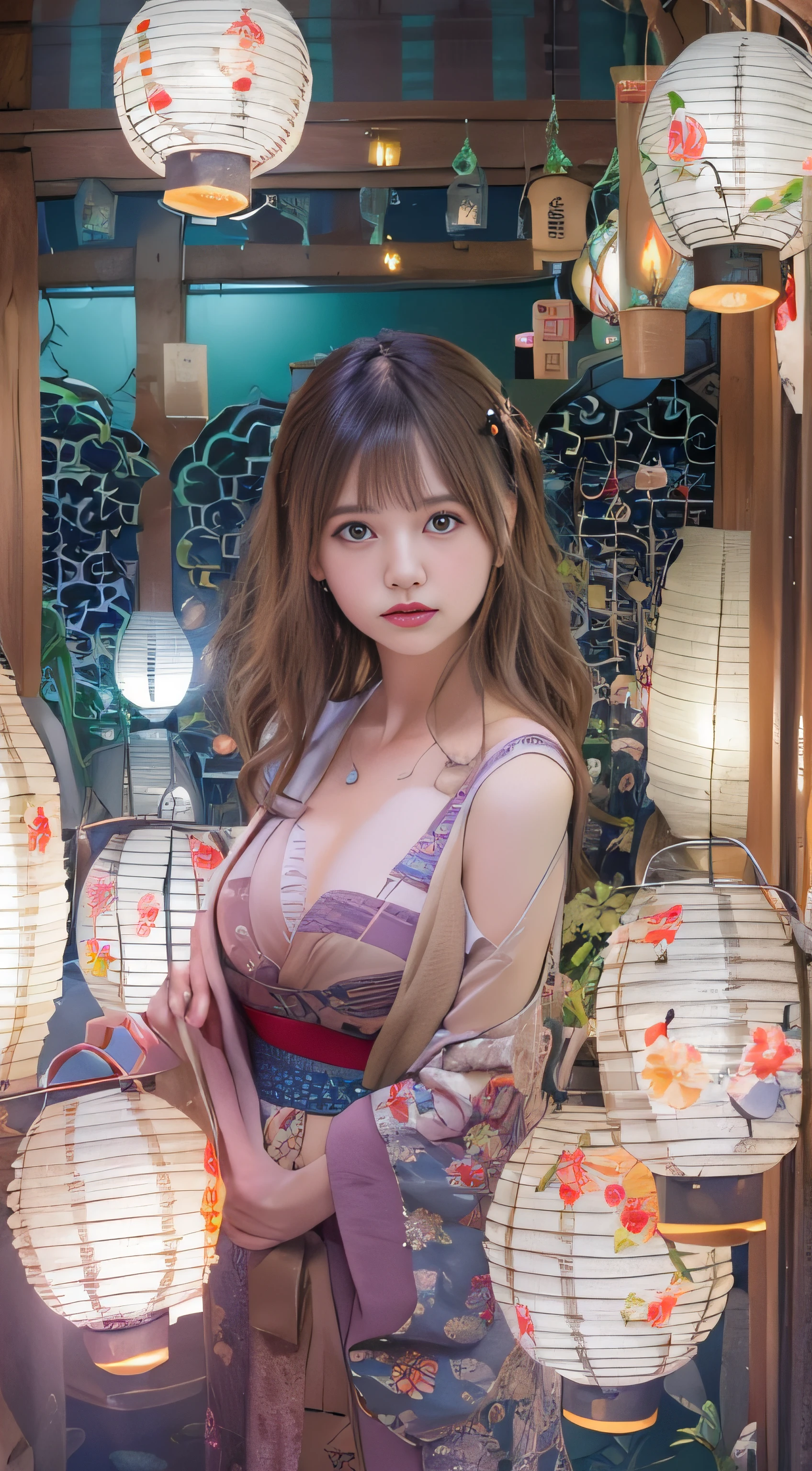 top-quality、masterpiece、超A high resolution、natta、milkyway、(Photorealsitic:1.4)、Raw photo、Detailed CG image quality、(Floating Lanterns:1.4)、Beautiful fece、1girl in、japanes、25-years old、(blue eyess:1.2)、pink lipsticks、A smile、(Brown hair:1.4)、skin tanned、(Hair Ornament:1.4)、(Yukata with a simple pattern:1.4)、cleavage of the breast、detailed portrait、8K picture quality、concept-art、Cinematic and dramatic atmosphere、foco nítido、Volumetric lighting、Cinematographic lighting、Colorful neon lighting、depth of fields、Ambient lighting、Blurred foreground、blurry backround:1.3、(8mm fisheye lens:1.4)、(The whole body is visible:1.4)、