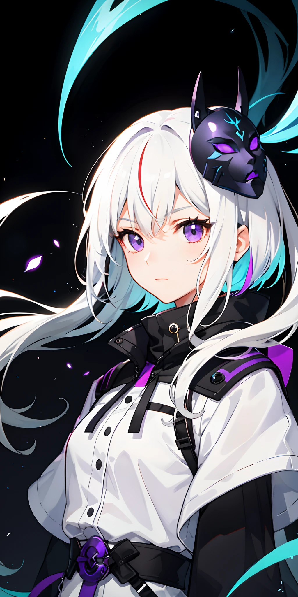 1girl, white hair, multicolored hair, purple eyes, mask on head, sidelighting, light particles, wallpaper,