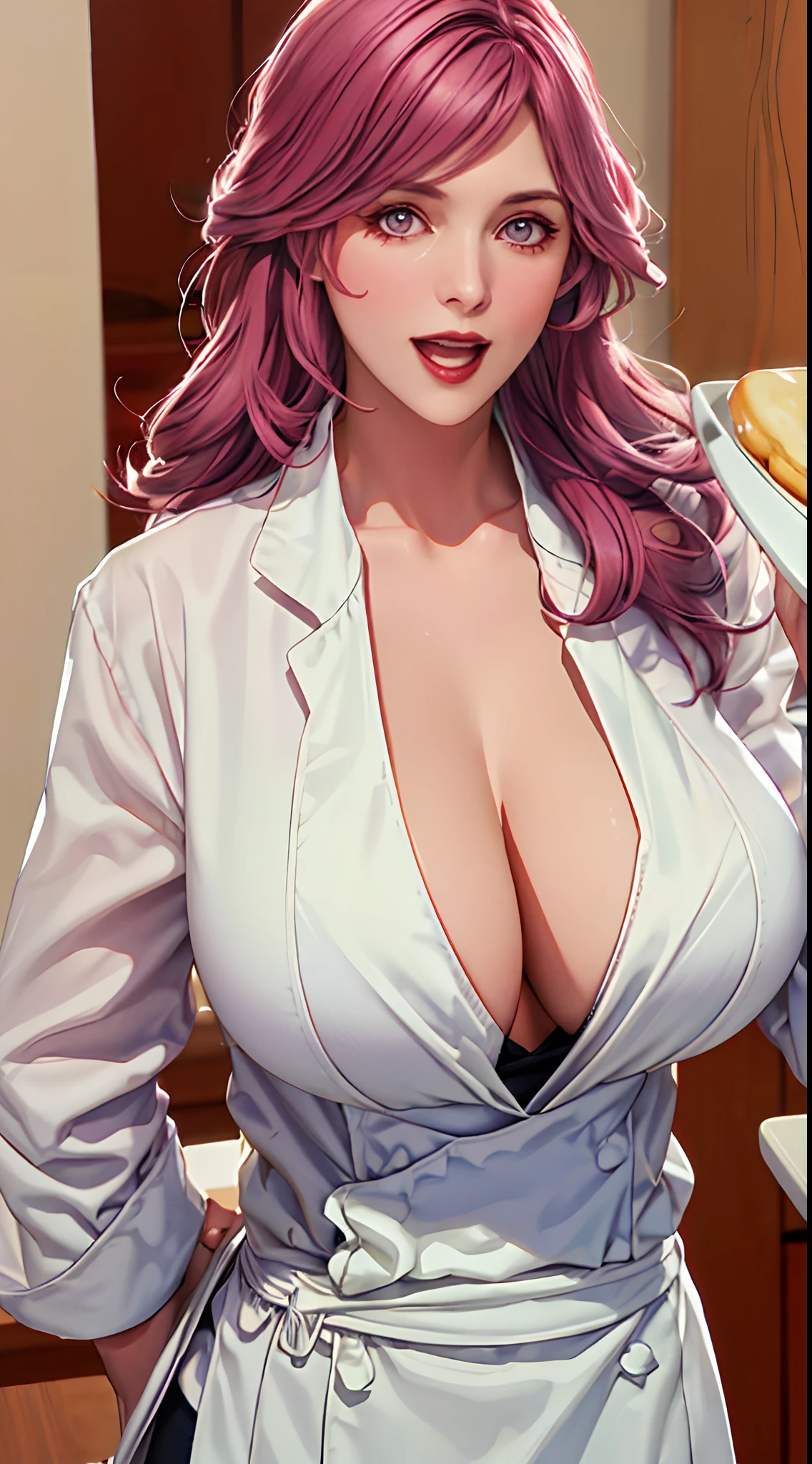 femele_Chef,Inverted_Nipples,((Masterpiece)),A high resolution, highlydetailed skin, insanely details, absurderes, ((Best quality)),tmasterpiece,top-quality,best qualityer, (((Long hair,Purple colored hair, Purple eyes, Makeup, Huge breasts,Breast bumps,Exquisite facial features,There is light in the eyes,laughingly,self-assured,White chef's suit,)))