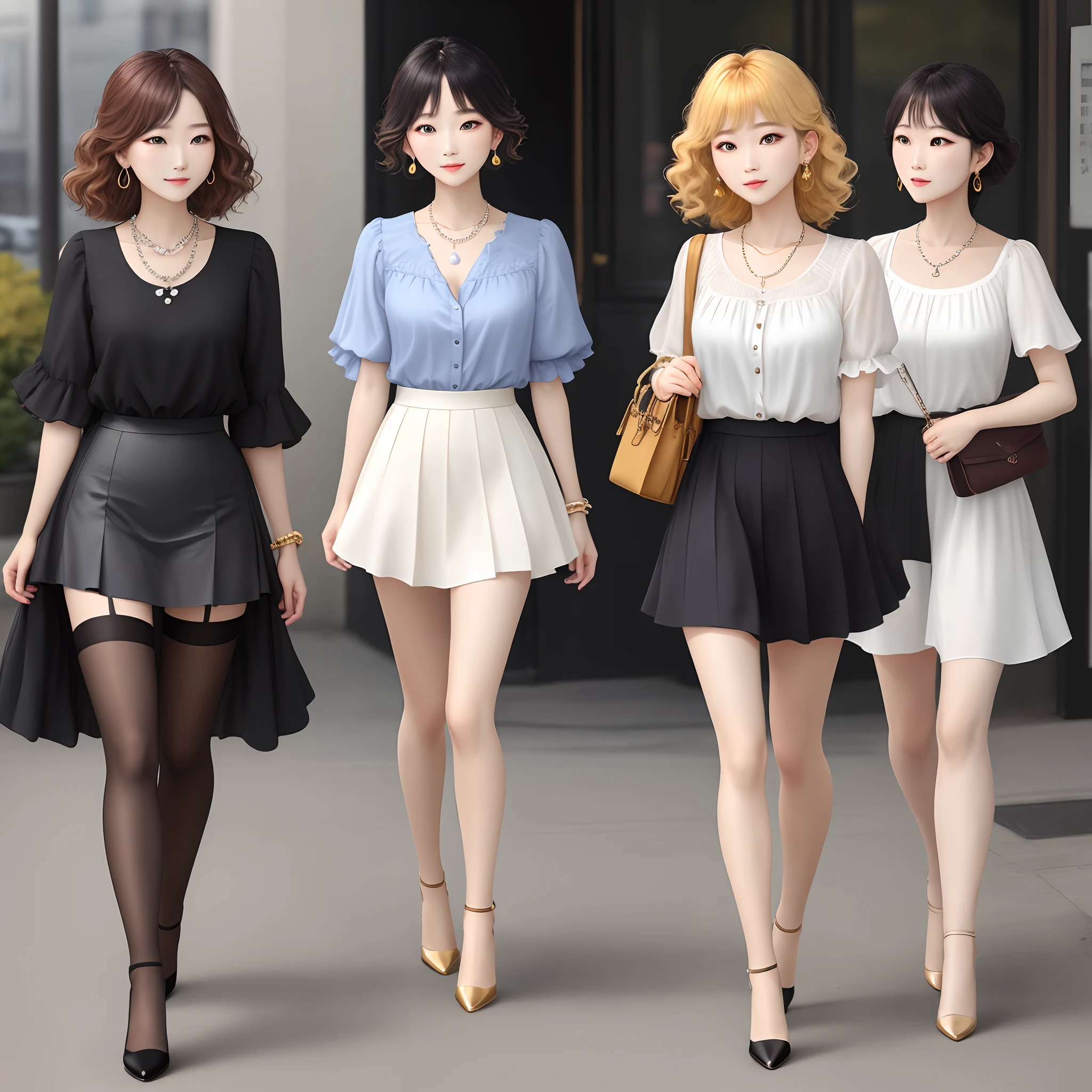 "8k,The style worn by a girl in spring and summer in the business scene。Facial hair design、It's a bright wave,The bangs spread to the side。Hairstyle silhouette short waves and natural waves。The hair color is honey golden and bright impression。Simple hairstyle,Girly scent。The top is a ruffled shirt and bright colors。The bottom is made of lightweight material,With flared skirt。The shoes have a lightweight design,Flesh-colored stockings,With high heels。Made of silk and chiffon。Accessories pearl necklaces and cute earrings。
"