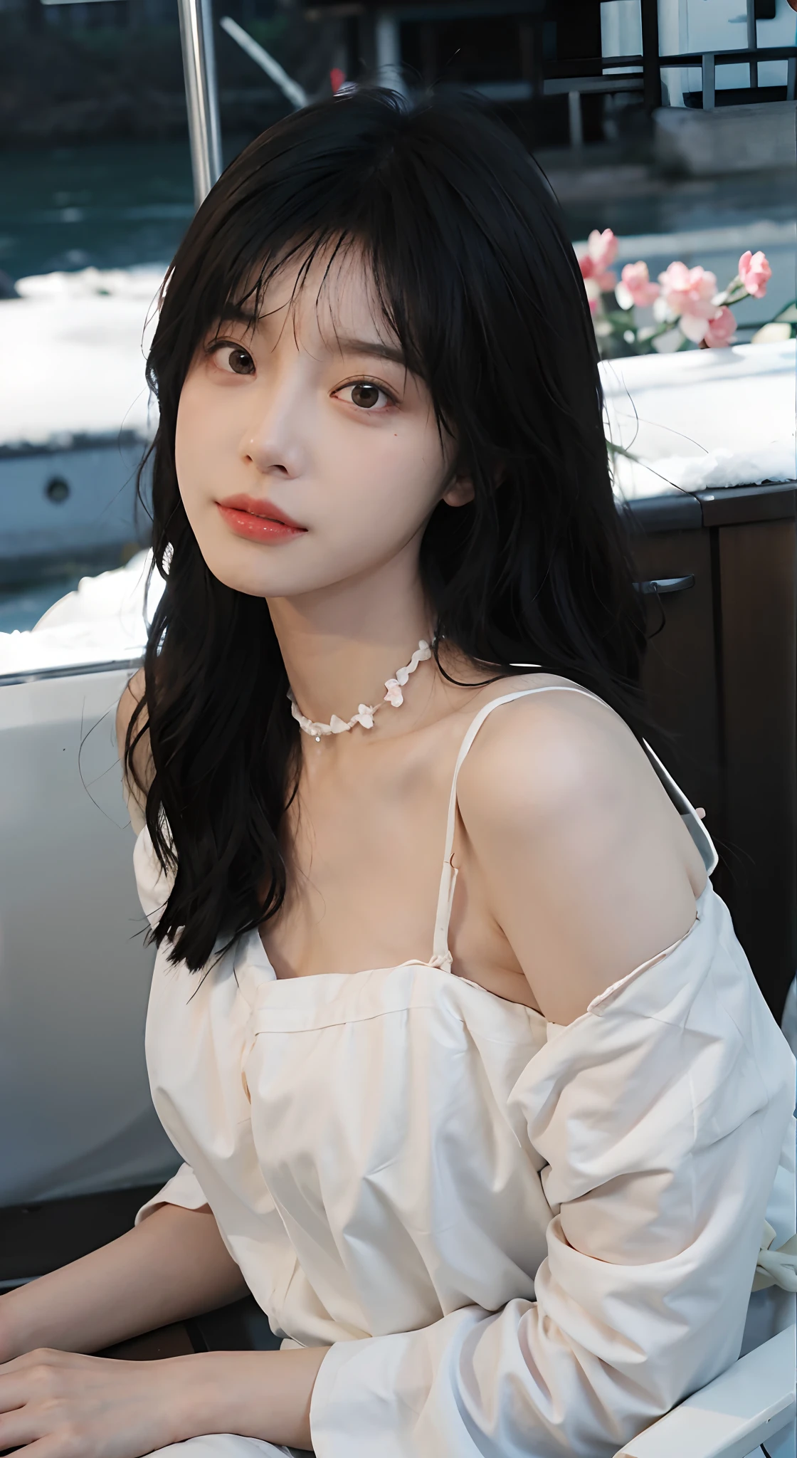 best qualtiy，tmasterpiece，超高分辨率，（realisticlying：1.4），1girll，Large wavy curls，二重まぶた，A pair of peach blossom eyes，Pure，Stunner，choker necklace，adolable，Snow-white translucent skin，head straight-looking at viewer，On the yacht，Full of atmosphere，formal outfit, tiese, Pure，hair pin：1.4，（The upper part of the body：1.4），