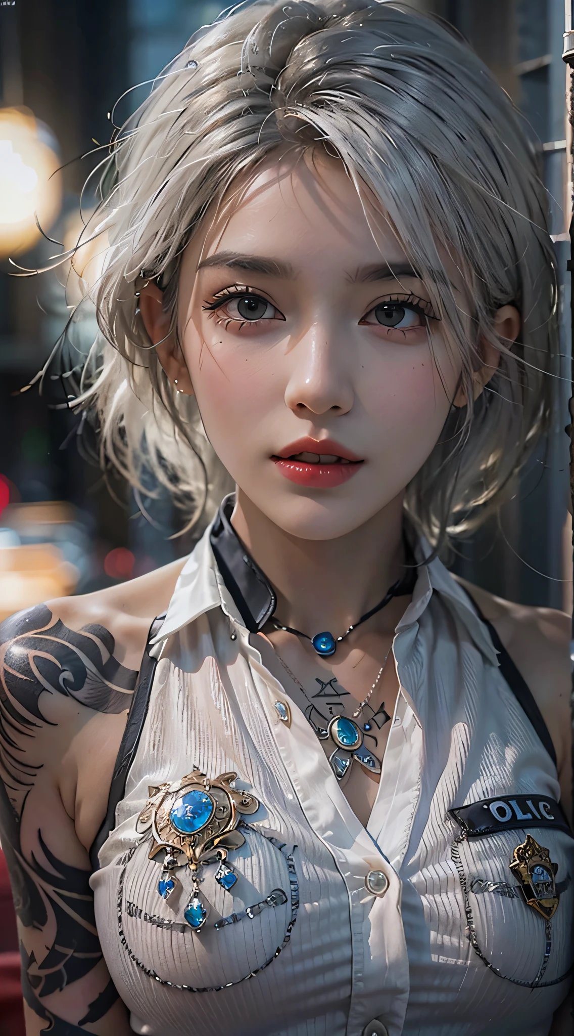 Photorealistic, high resolution, Soft light,1womanl, Solo, Hips up, (Detailed face),tattoo, jewelry, Night City, Police uniform, White hair