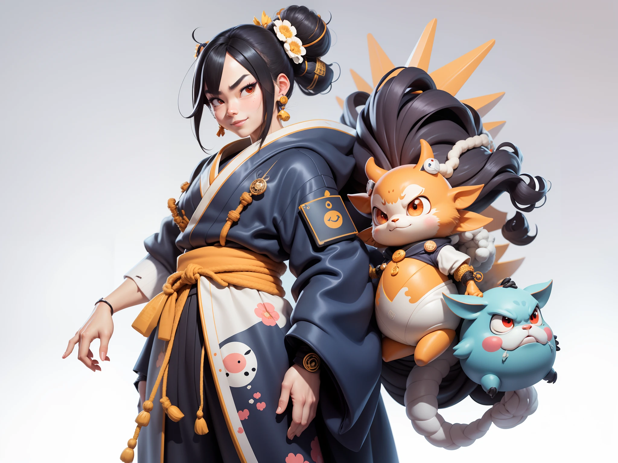 (Daisaku),(Need),(Super meticulous),(full bodyesbian:1.2),Japanese ukiyo-e girl,japanese geisha,Beautiful,Oriental dragon,one tiger,Aeolian Thor,Raised sexy,爆乳,Oriental face,TV Anchor,Bust portrait illustration,Alone,In black suit,a blue tie,The face is slightly chubby,The face was clean,without a beard,Black super short hair,Black eyes,Smile confidently,3C computer sub-products,iPad, iphone,Digital painting,3D character design by Mark Clairen and Pixar and Hayao Miyazaki and Akira Toriyama,The illustration is a high-definition illustration in 4K resolution,With very detailed facial features and cartoon-style visuals。