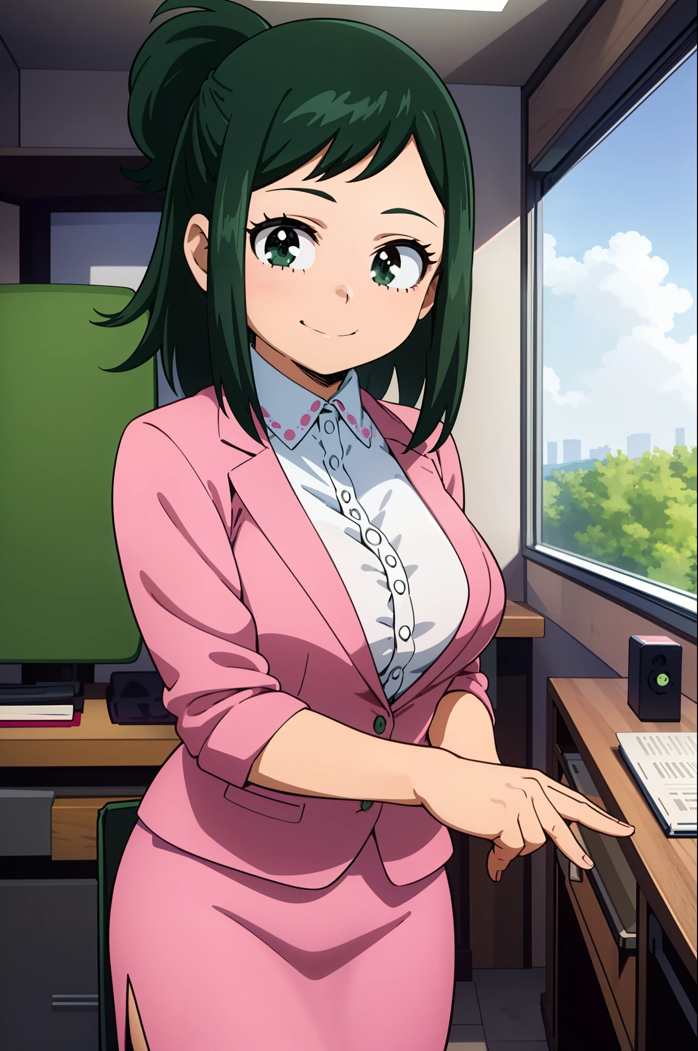 best quality, masterpiece, portrait, 
1girl, midoriya inko, green hair, short hair, short ponytail, green eyes, large breasts, pink skirt suit, pink blazer, pink pencil skirt, indoors, office, looking at viewer, smile,