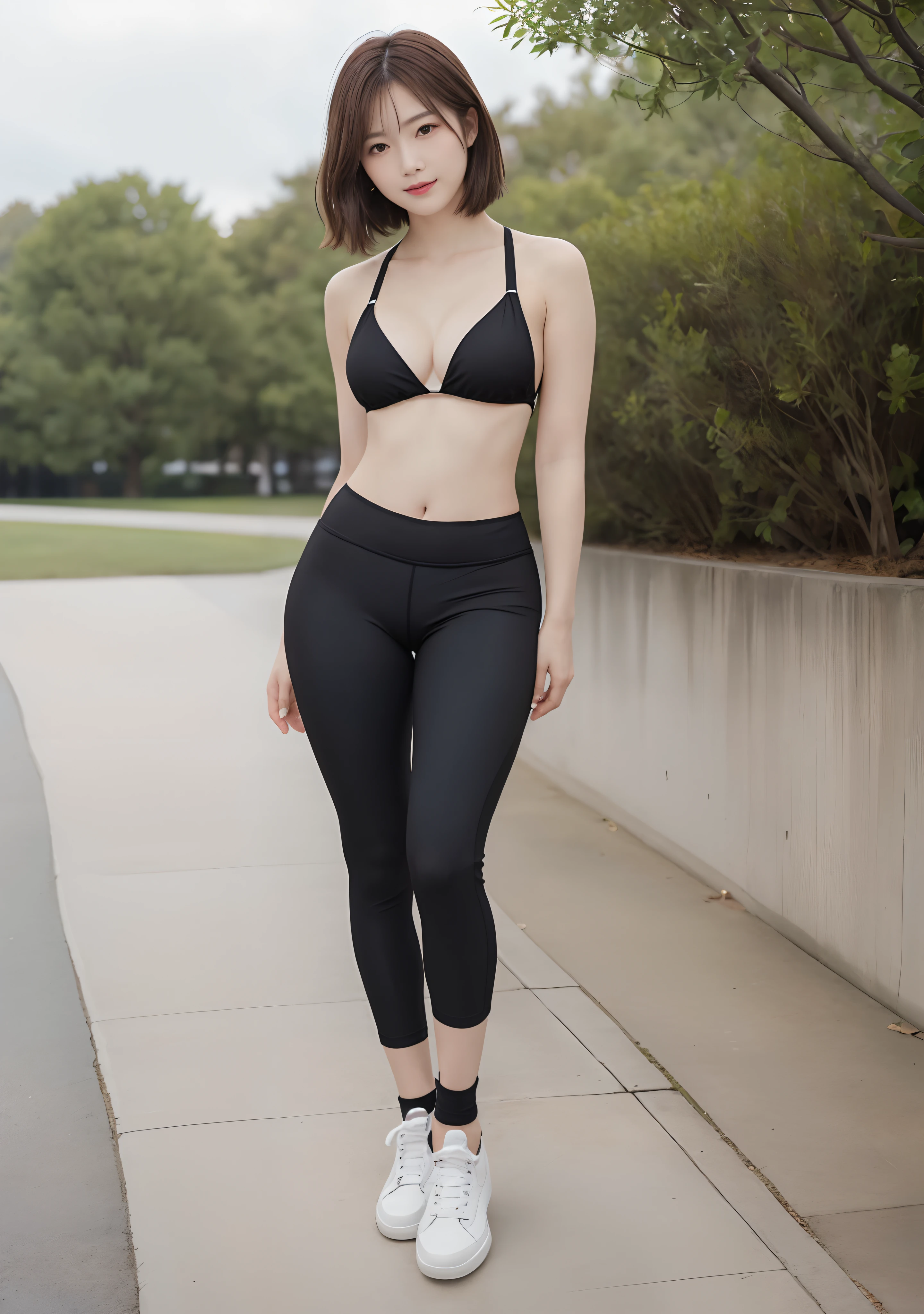 (16k, ultra high res, best quality, high quality, masterpiece:1.3), (a professional photo of girl), RAW photo, realistic illustration, (ultra detailed eyes and face), (ultra detailed beautiful skin),(Photos above the ankle:1.4), BREAK, solo photo, 1girl, japanese girl, standing, 25yo, beautiful, Petite facial features, Super Detail Beautiful Natural Skin, natural makeup, closed mouth, (brown hair), short hair, asymmetrical bangs, evil smile, narrow waist, slender, (wide hips:1.4), BREAK. she wearing (black micro bikini top, black low rise cycling pants), wearing white sneakers, cleavage, beautiful navel, outdoor grass park, she is very sexy, she is cute and beautifull,