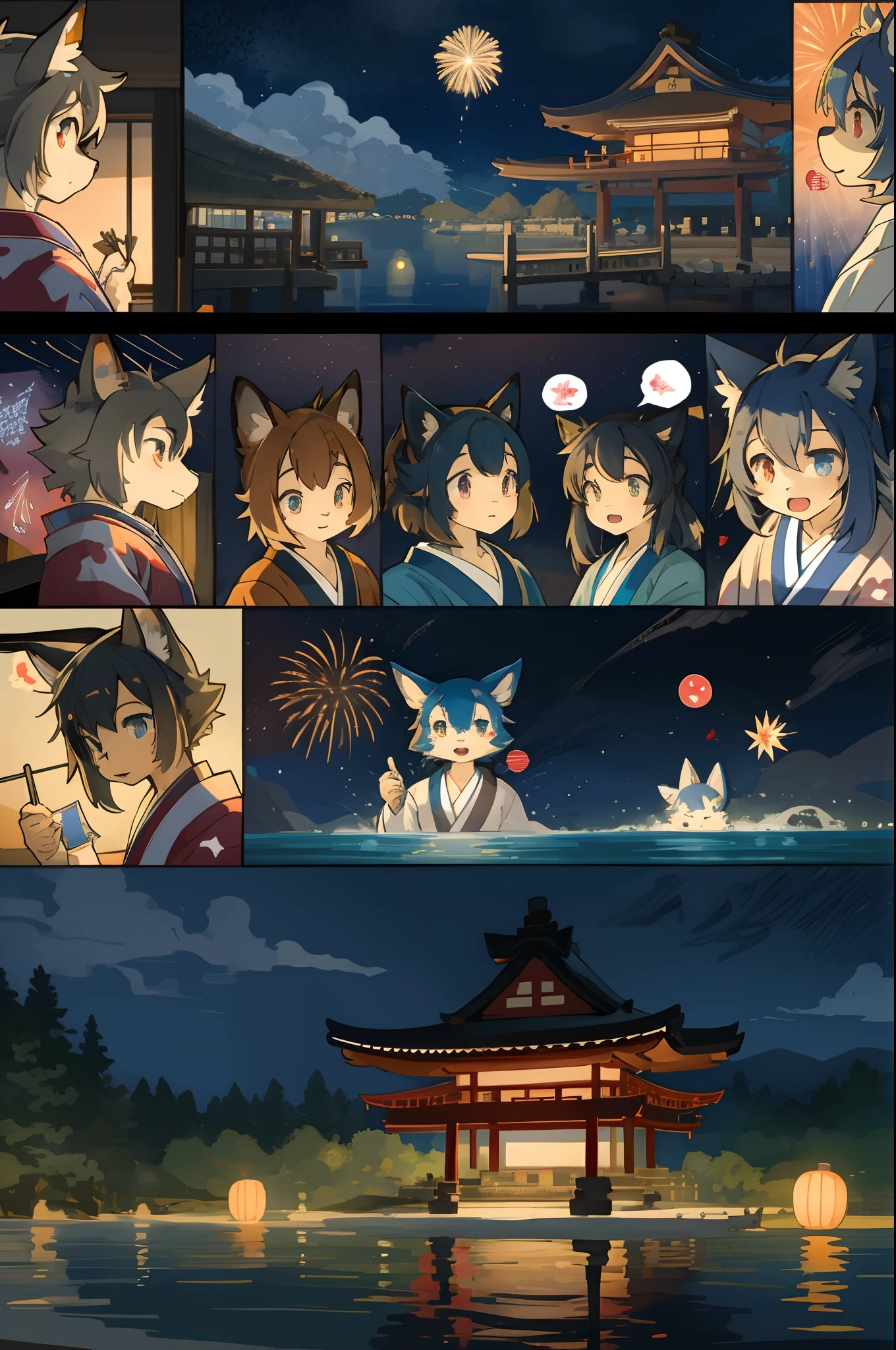 top quality, best quality, highres, masterpiece, super high resolution, detailed background, lake, nigh sky, firework, japanese yukata, 6+boys, 6+girls, absurdres(highly detailed beautiful face and eyes)perfect anatomy, good lighting, cinematic shadow(kemono, furry anthro)assorted expressions, assorted poses, assorted angles, full body, upper shot, dynamic angle(girls comic-like panel layouts, speech balloon, English text, Hand-drawn sound effects stickers used in girls comic),