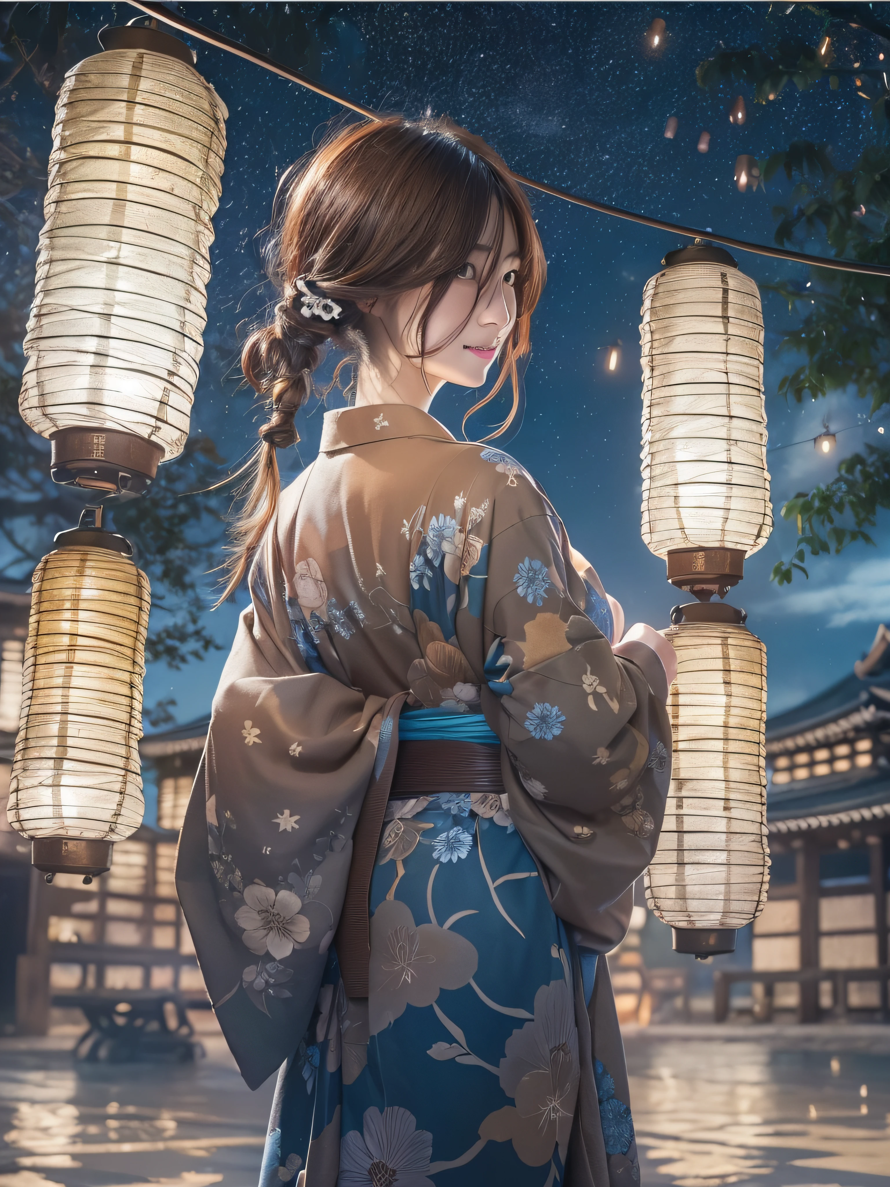 top-quality、masterpiece、超A high resolution、(Expanding night sky)、(Lots of sparkling starry skies)、milkyway、(Photorealsitic:1.4)、Raw photo、Detailed CG image quality、(Floating Lantern:1.4)、Beautiful fece、1girl in、japanes、25-years old、(blue eyess:1.2)、pink lipsticks、A smile、(Brown hair:1.4)、skin tanned、nape、(Hair Ornament:1.4)、(Thin yukata with a simple pattern:1.4)、cleavage of the breast、detailed portrait、8K picture quality、concept-art、Cinematic and dramatic atmosphere、foco nítido、Volumetric lighting、Cinematographic lighting、Colorful neon lighting、depth of fields、Ambient lighting、Blurred foreground、blurry backround:1.3、(The whole body is visible:1.4)、