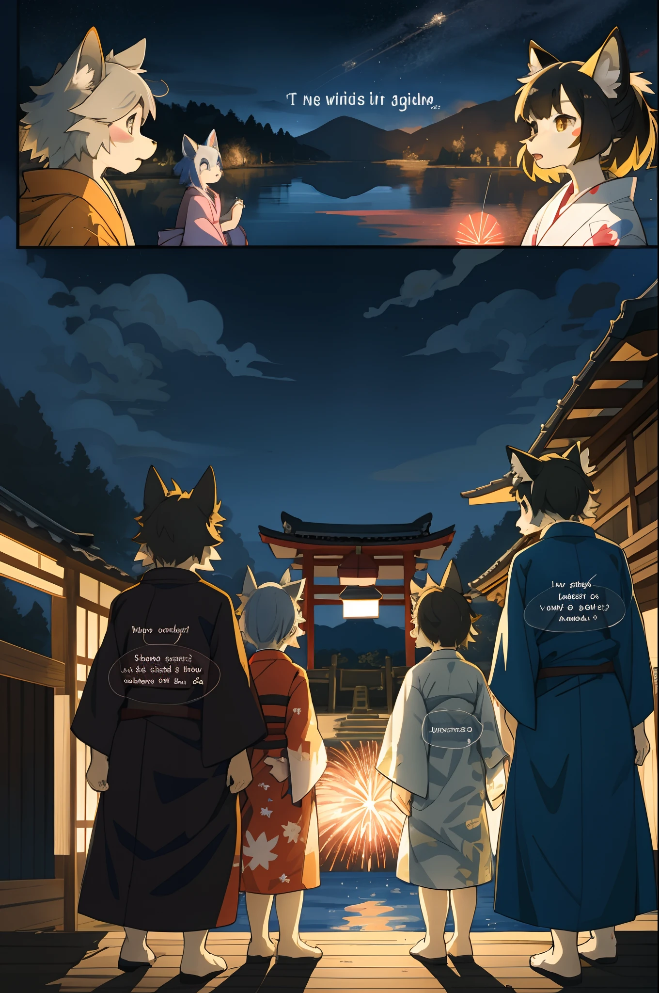 top quality, best quality, highres, masterpiece, super high resolution, detailed background, lake, nigh sky, firework, japanese yukata, 6+boys, 6+girls, absurdres(highly detailed beautiful face and eyes)perfect anatomy, good lighting, cinematic shadow(kemono, furry anthro)assorted expressions, assorted poses, assorted angles, full body, upper shot, dynamic angle(girls comic-like panel layouts, speech balloon, English text, Hand-drawn sound effects stickers used in girls comic),