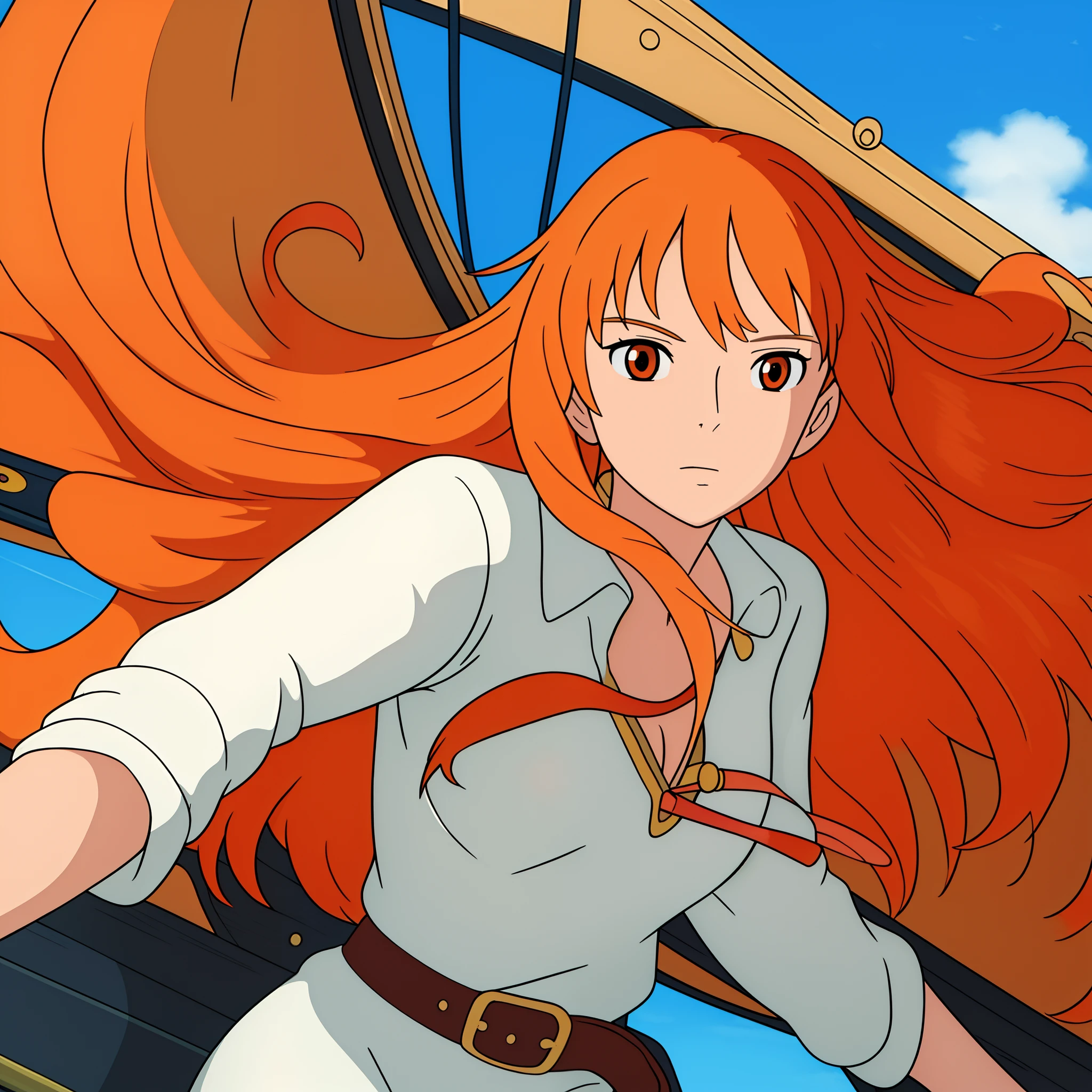 ((best quality)), ((masterpiece)), ((detailed background)), ((high quality illustration)), 1girl, wanostyle, nami 1800, long silky hair, orange eyes, high nose, sharp eyes, upper body, noble, inviolable temperament, female, goddess beauty, pirate ship background, blue sky, clouds, bracelets, white long sleeve, mini dress, donned another belt, bright eyes, miyazaki hayao