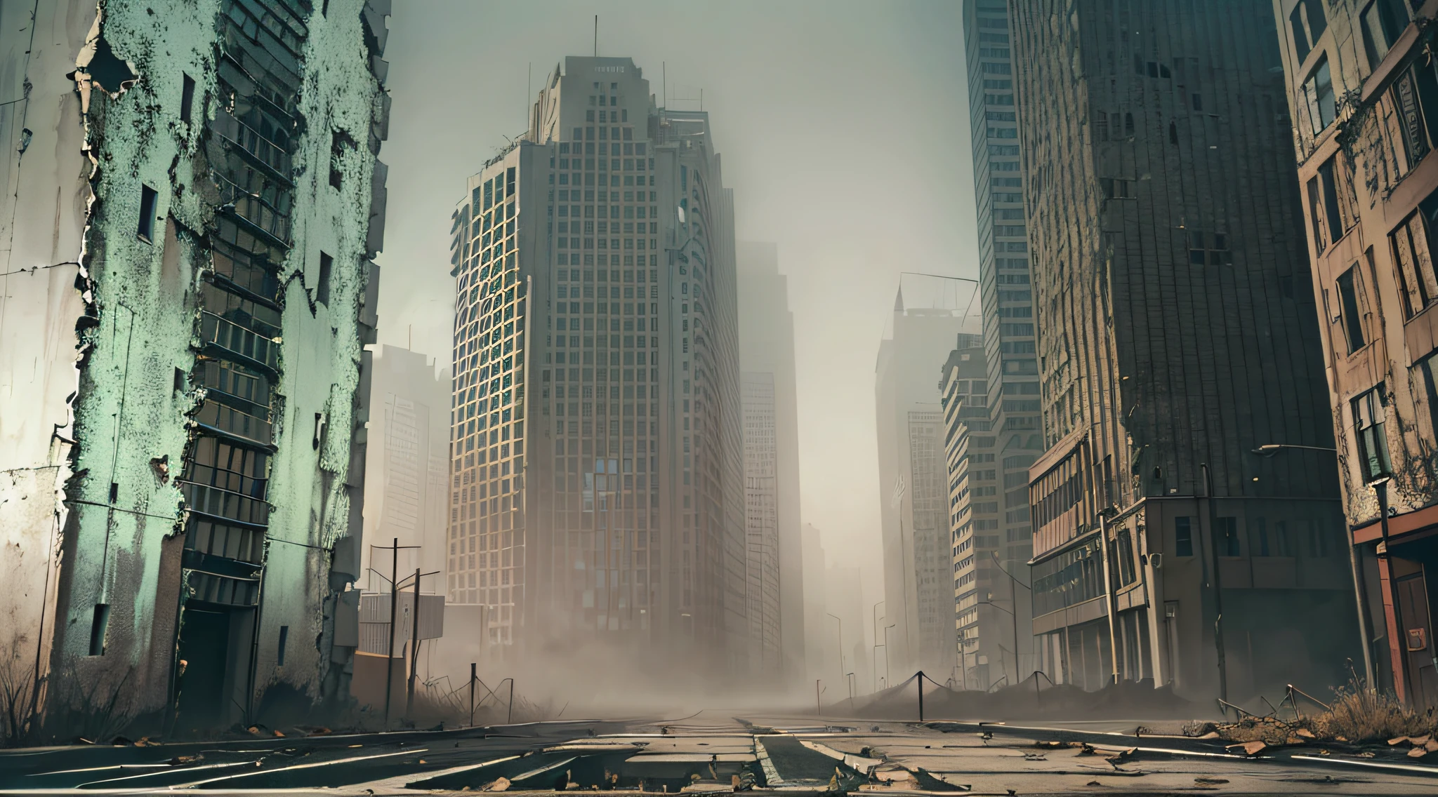 An eerie abandoned city nestled within a dense mist, crumbling skyscrapers reaching out like skeletal fingers, flickering streetlights casting long shadows on cracked pavement, a sense of desolation and mystery pervades, Photography, taken with a wide-angle lens (24mm) capturing the atmospheric mist,