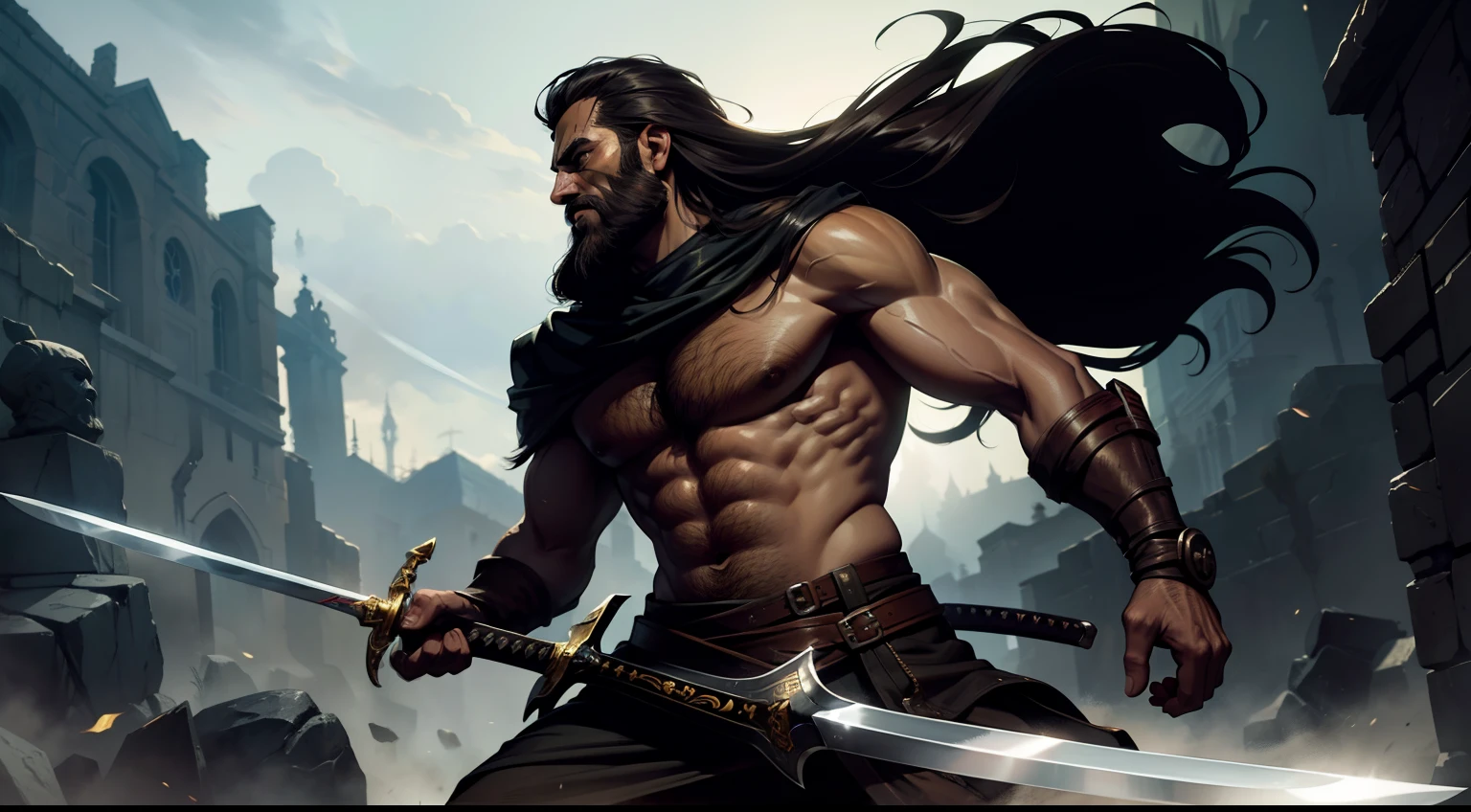 guerreiro homem, barba curta, cabelo escuro, with a two-handed steel sword | epic style, alta qualidade, detalhes impressionantes | dramatic background, intense illumination, sombras detalhadas