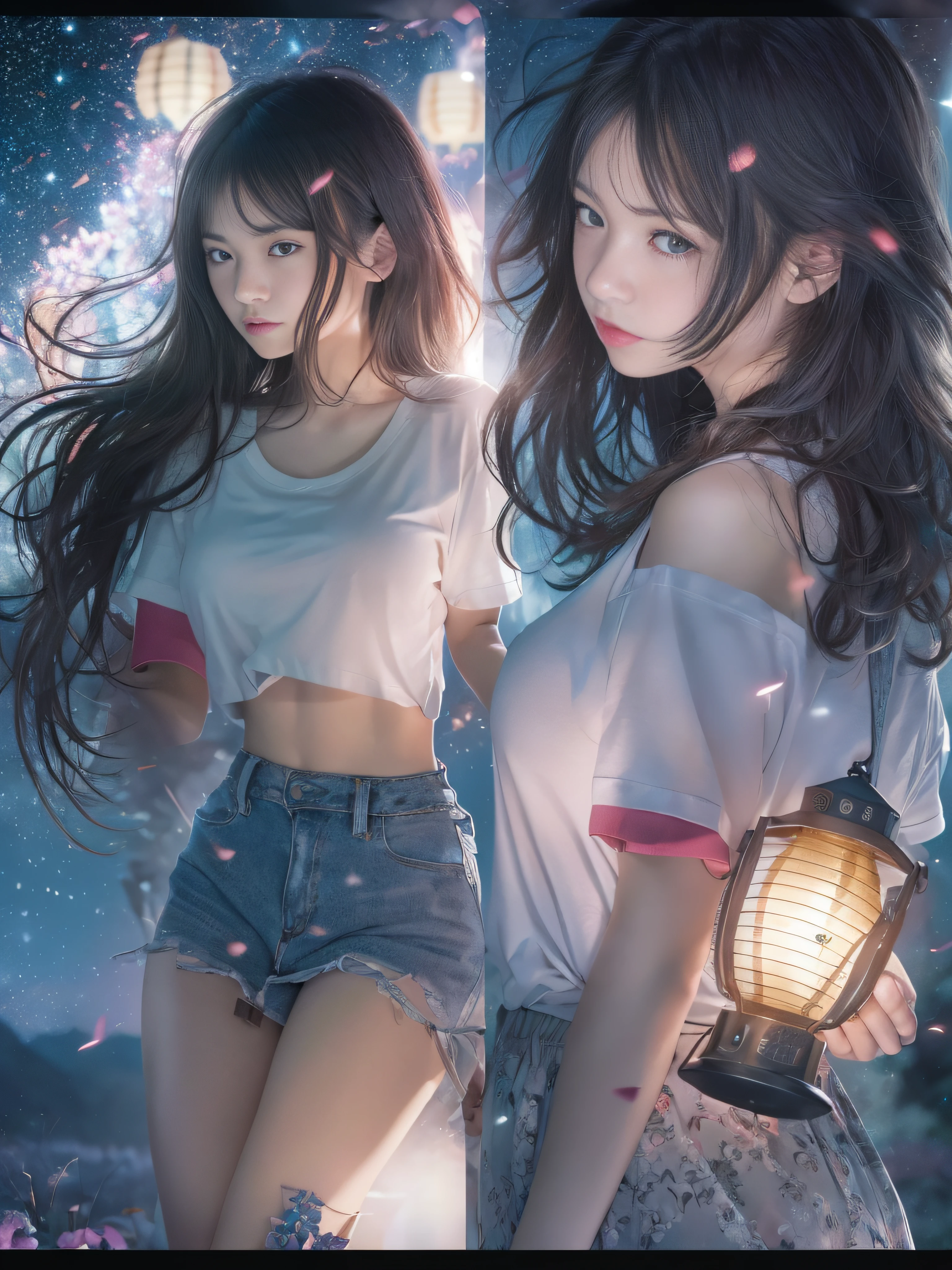 top-quality、masterpiece、超A high resolution、(Expanding night sky)、(Lots of sparkling starry skies)、milkyway、(Photorealsitic:1.4)、Raw photo、Detailed CG image quality、(Floating Lantern:1.4)、Beautiful fece、1girl in、japanes、20yr old、(blue eyess:1.2)、pink lipsticks、A smile、(Black hair:1.4)、(Shortcut Hair)、skin tanned、(Thin T-shirt:1.4)、a miniskirt、cleavage of the breast、detailed portrait、8K picture quality、concept-art、Cinematic and dramatic atmosphere、foco nítido、Volumetric lighting、Cinematographic lighting、Colorful neon lighting、depth of fields、Ambient lighting、Blurred foreground、blurry backround:1.3、(The whole body is visible:1.4)、