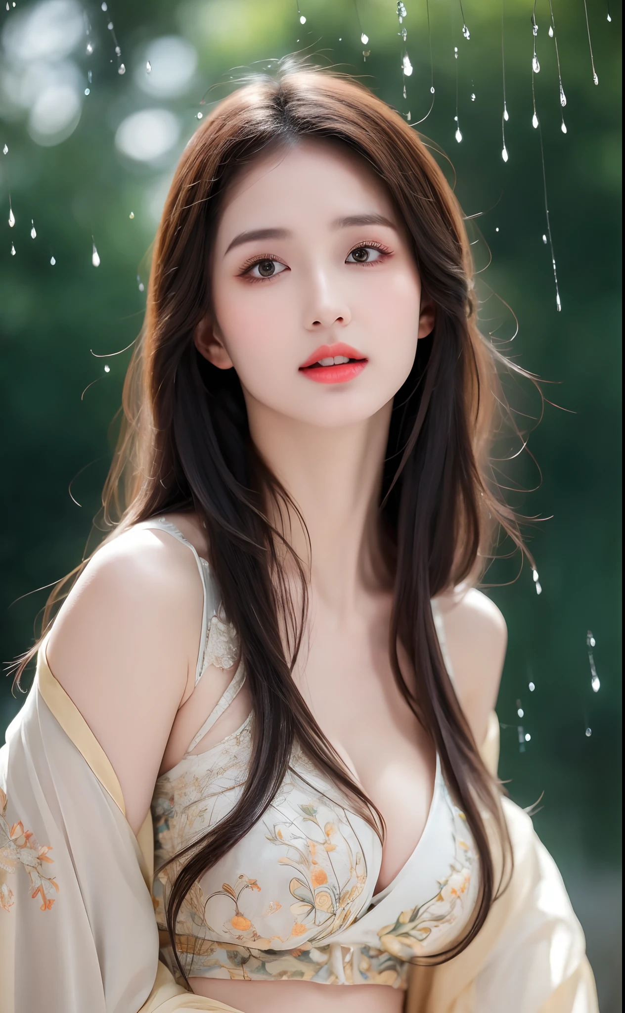 ((Best Quality, 8k, Masterpiece: 1.3)), Focus: 1.2, Perfect Body Beauty: 1.4, Buttocks: 1.2, ((Layered Haircut)), (Wet Clothes: 1.1), (Rain, Street:1.3), (Breasts: 1.2), (Hanfu: 1.2), Bare Shoulders, Bare Legs, Highly Detailed Face and Skin Texture, Fine Eyes, Double Eyelids, Whitened Skin, Long Hair, (Shut Up: 1.5), (Bokeh Background: 1.5), Big Breasts