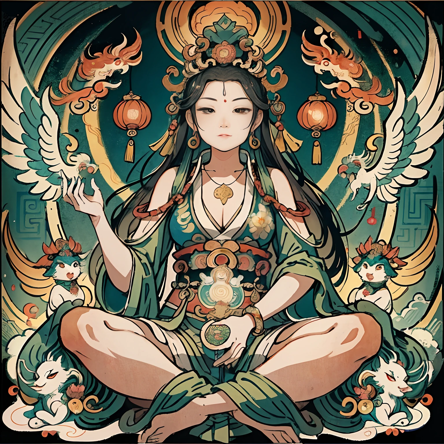 an ancient Chinese goddess, guanyin of the southern seas, Guanyin, Inspired by India, Avalokiteshvara rides a phoenix，,Serene expression,shui mo hua,Buddha,Buddhist,Lotus,Chinese painting style,Thangka style