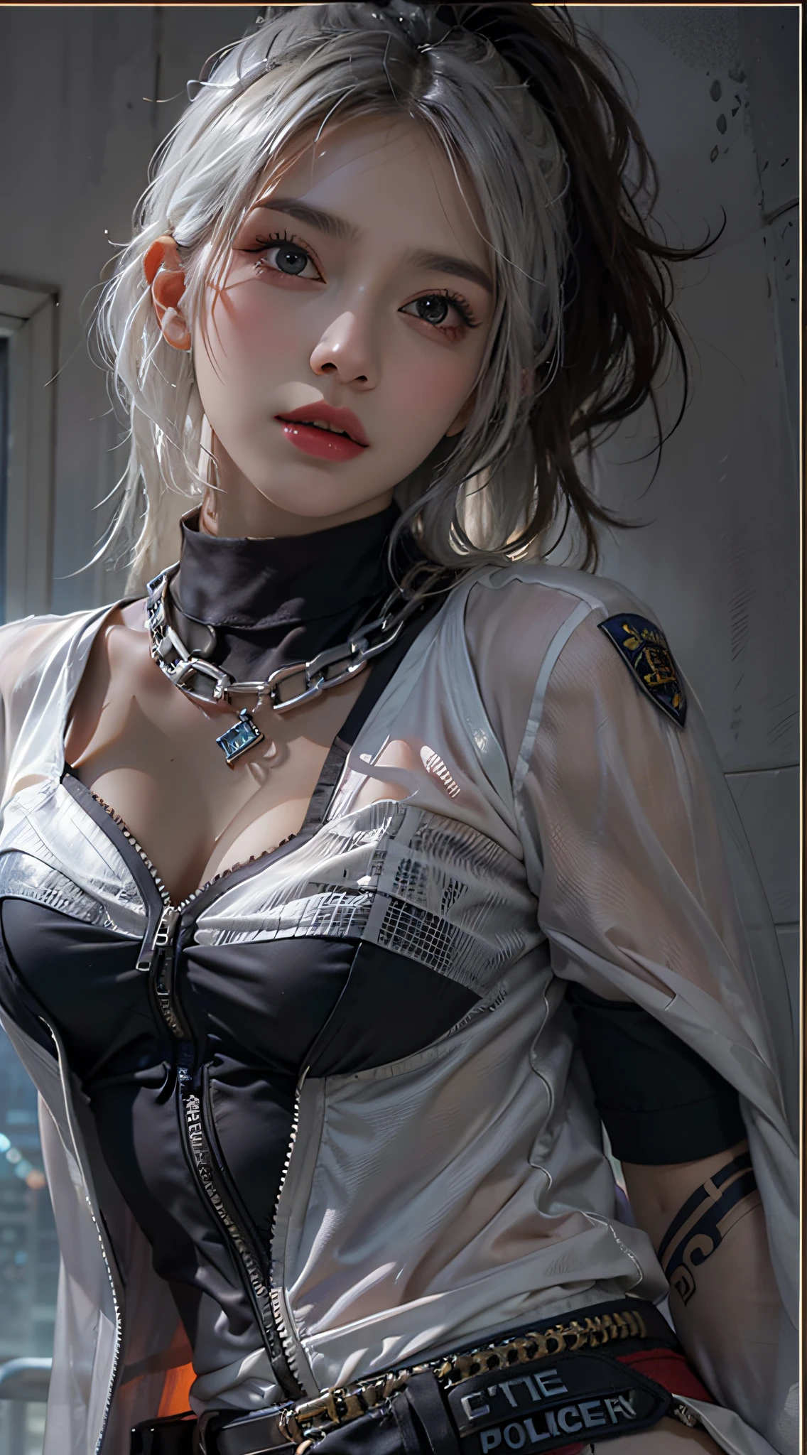 Girl portrait photography, Realistic, High resolution, 1 female, alone, Upper Body, Beautiful Eyes, Close your lips, Detailed face, Gray Hair, Long Hair, Collared shirt, Black tie,Black Skirt, Pencil Skirt, Fur coat, stockings,(Black lace panties are visible)