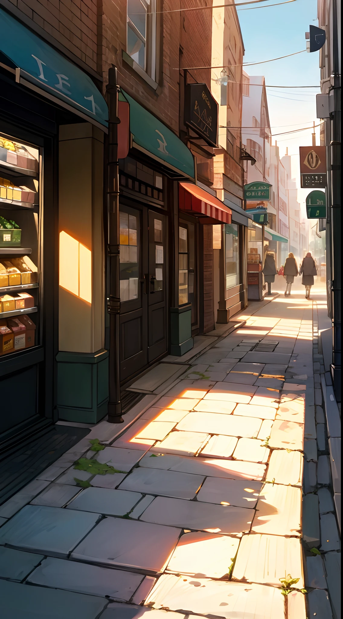 Town,alleys,Grocery store,Bluestone path,potted,pub,street corner,Shoeshiner,pedestrians,midday sunlight,