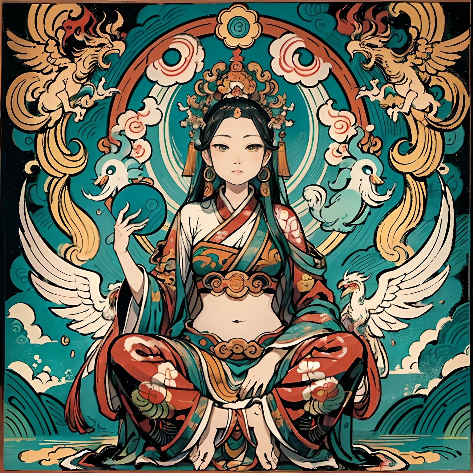 an ancient Chinese goddess, guanyin of the southern seas, Guanyin, Inspired by India, Avalokiteshvara rides a phoenix,,Serene expression,shui mo hua,Buddha,Buddhist,Lotus,Chinese painting style,Thangka style
