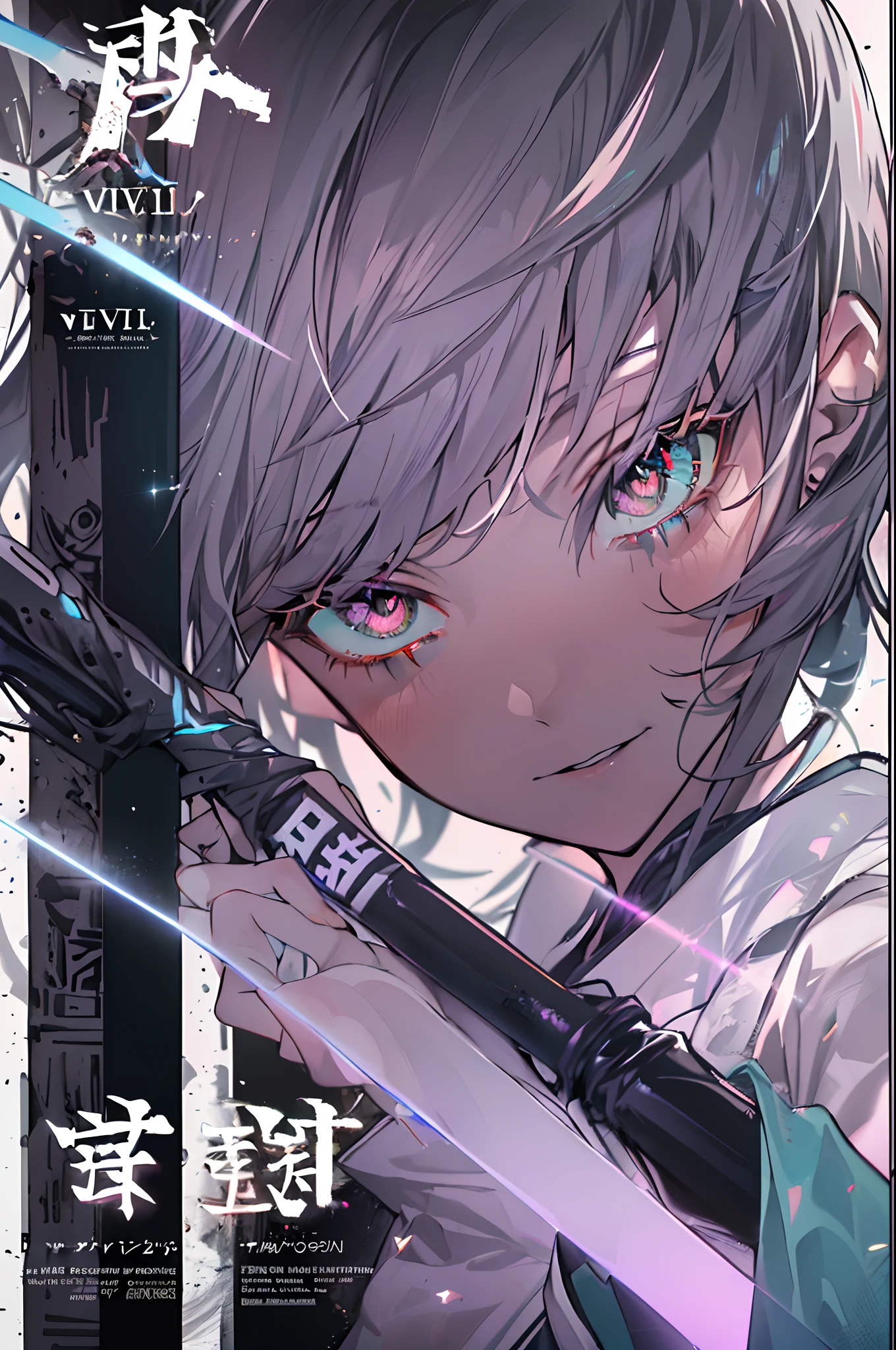 ((((dramatic))), (((gritty))), (((intense))) film poster featuring a young woman as the central character. She stands confidently in the center of the poster while carrying a Katana, wearing a stylish and techy short kimono, with a determined expression on her face with a smile. The background is dark and gritty future tokyo, with a sense of danger and intensity. The text is bold and attention-grabbing, with a catchy tagline that adds to the overall feeling of drama and excitement. The color palette is mainly black, white, blue with highlight of purple and a hint of green, giving the poster a dynamic and visually striking appearance, tachi-e (magazine:1.3), (cover-style:1.3), fashionable, woman, outfit, posing, front, dynamic, background, elements, confident, expression, holding, statement, cold, coiled, around, touch, scene, text, cover, bold, attention-grabbing, title, stylish, font, catchy, headline, larger, striking, modern, trendy, focus, fashion, japanese, japan, short-hair, white hair, glowing shining beautiful purple eyes, less text, ((add watermark text in the bottom right that read "Veni. Vidi. Vici")), thigh, cleavage, (((purple lens flare on left eye)))