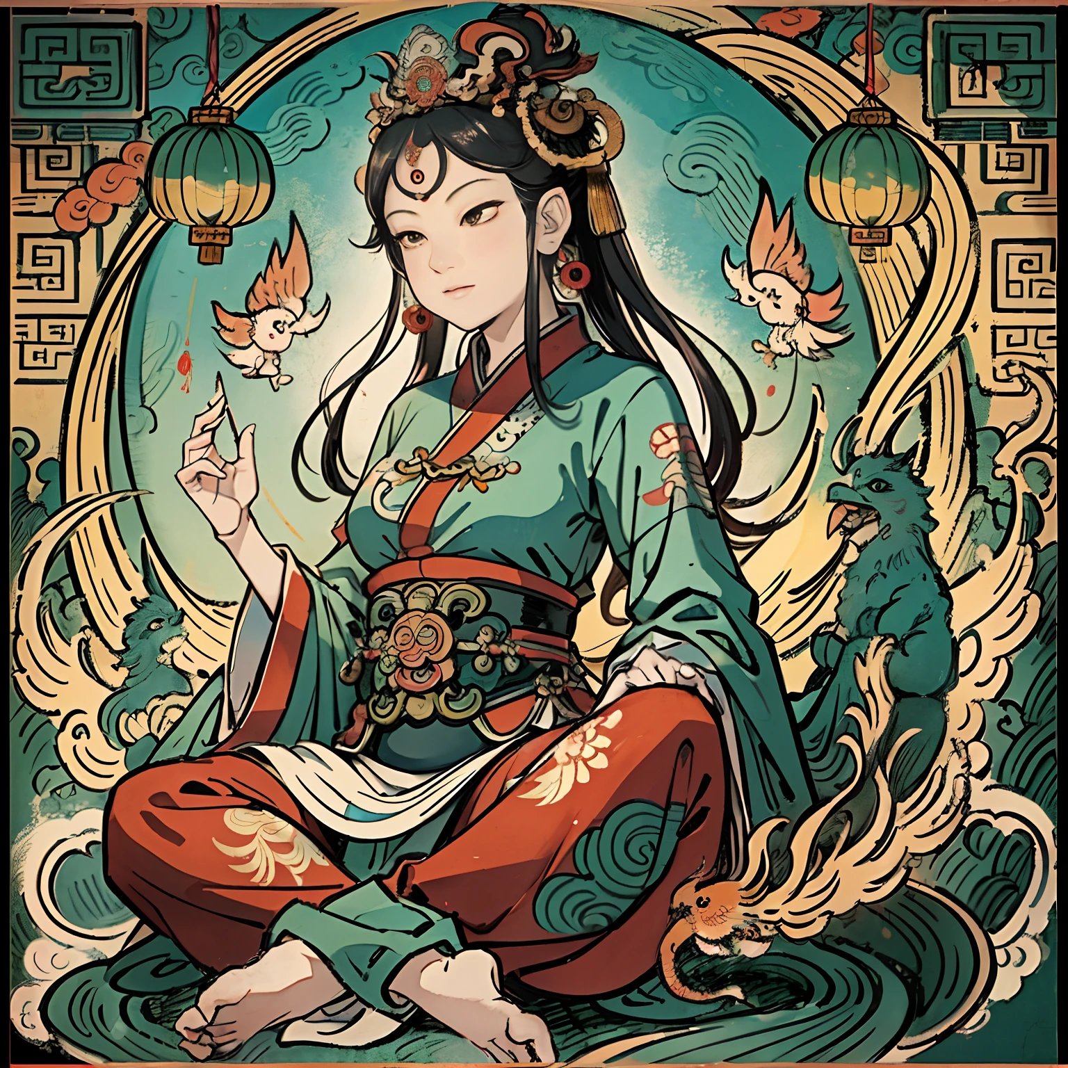 an ancient Chinese goddess, guanyin of the southern seas, Guanyin, Inspired by India, Avalokiteshvara rides a phoenix，,Serene expression,shui mo hua,Buddha,Buddhist,Lotus,Chinese painting style,Thangka style