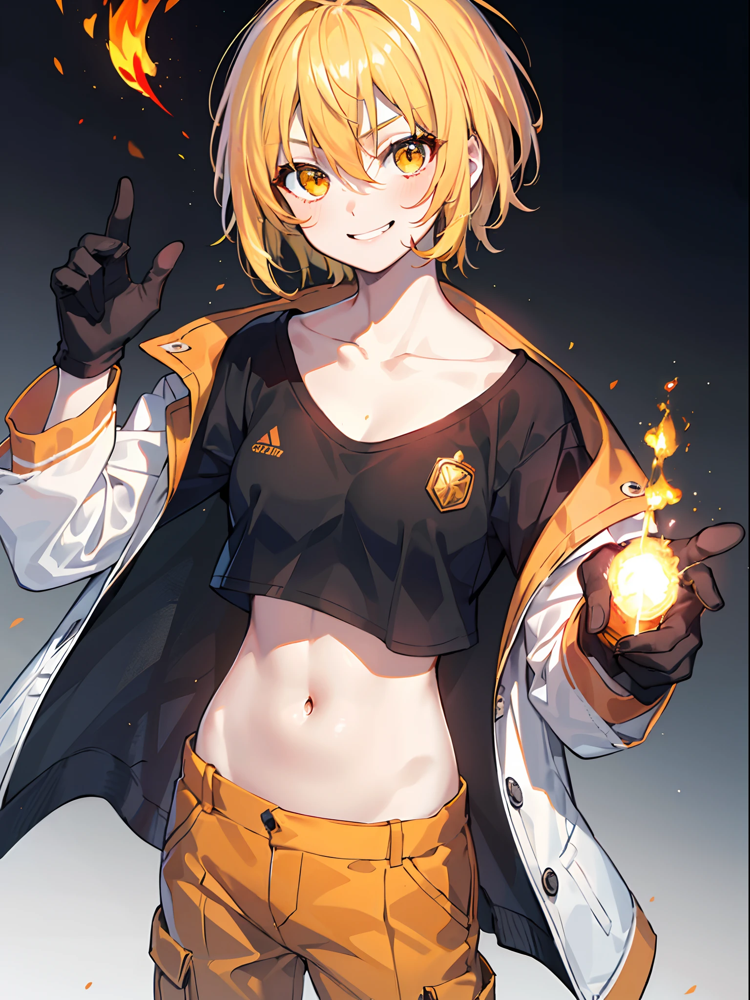 1girl, (solo:1.2), ((masterpiece)), (shadow), [slim], ((sharp focus)), pale skin, ((detailed eyes)), (blurry background), flame effect, (simple green t-shirt), orange parka, visible stomach, oversized orange cargo pants, navel, gloves, (collarbone), short hair, golden blonde, golden eyes, smug smile,