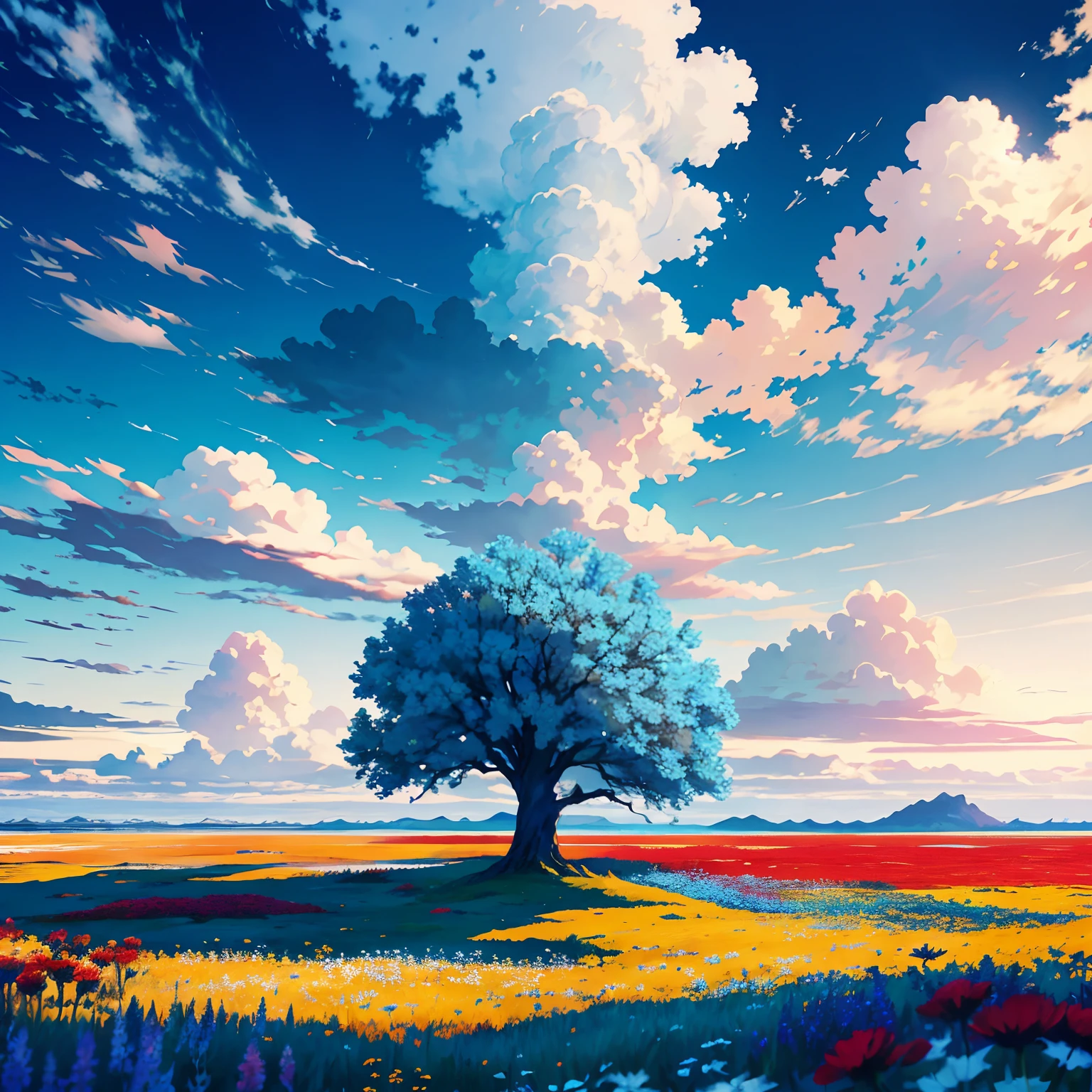 A masterpiece of a lone tree in the field of a floating island,mostly cloudy sky,Windy,wildflowers,Blue skies,high qulity,best qualtiy,rtx,4k,8k,