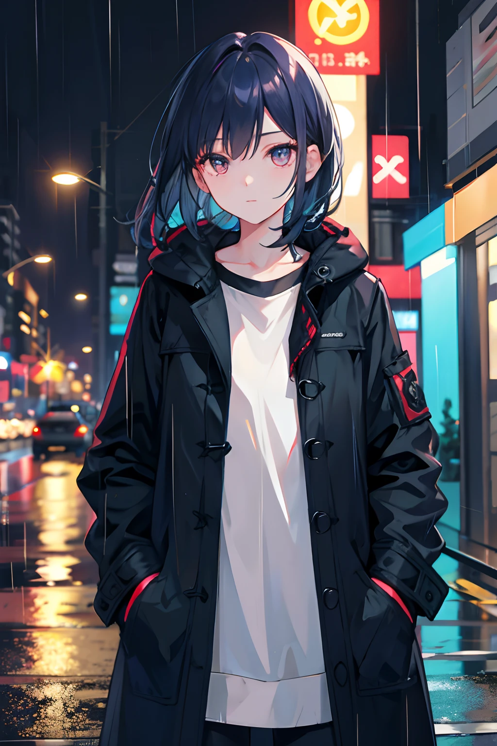 1girl, Night City, rain, coat, hands in pockets