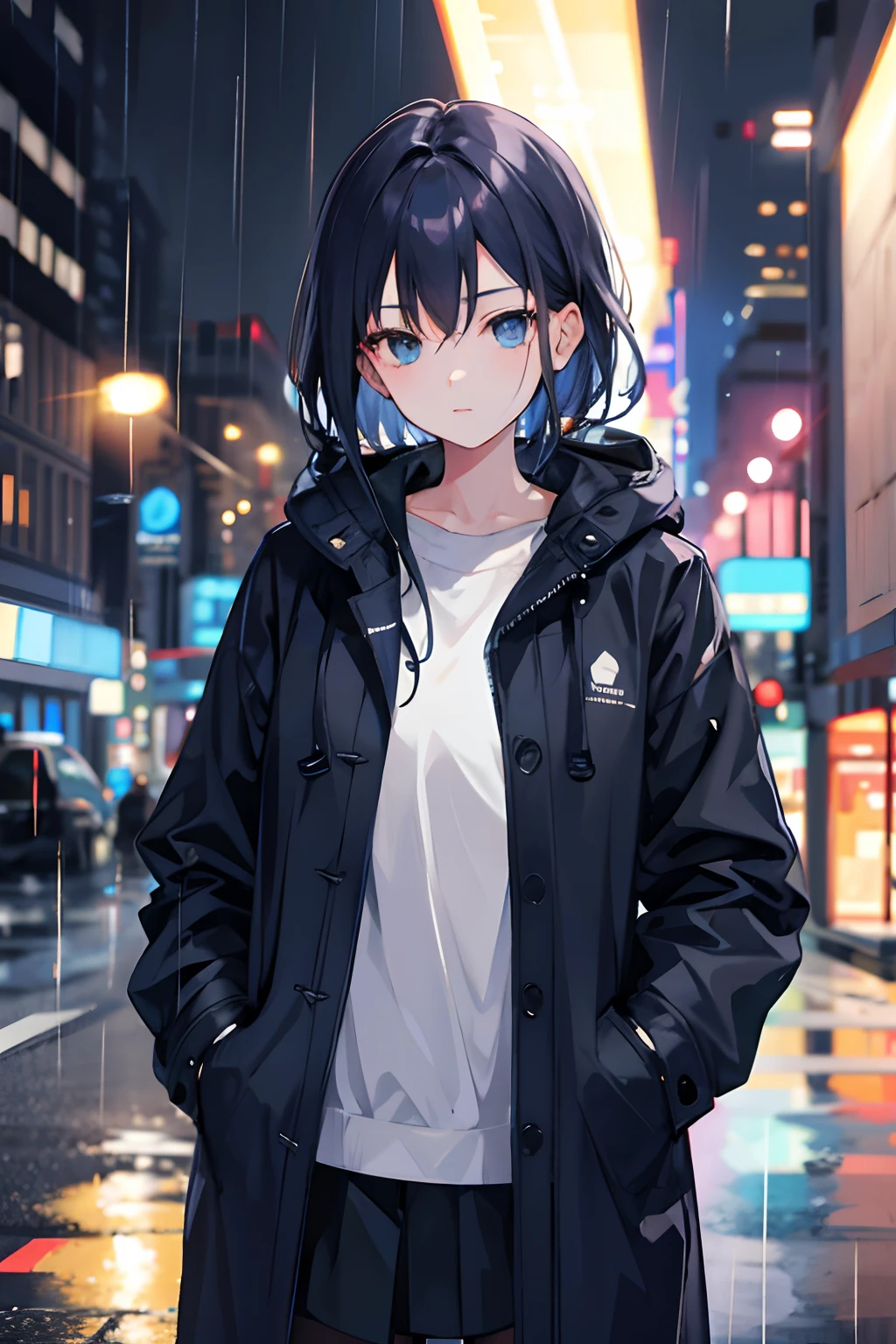 1girl, Night City, rain, coat, hands in pockets