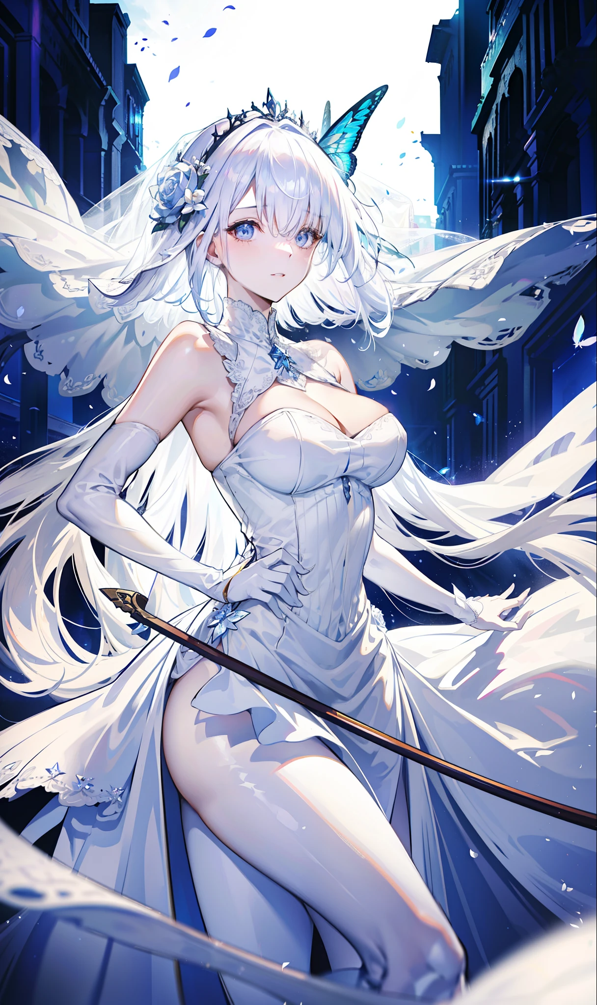 silber hair,butterflys,long whitr hair,white wedding gown,8k wallpaper,detailedbackground,Highest high resolution,deep v big breasts,Hair covers one eye,Bandeau wedding dress,chies,White rose,tight-fitting,