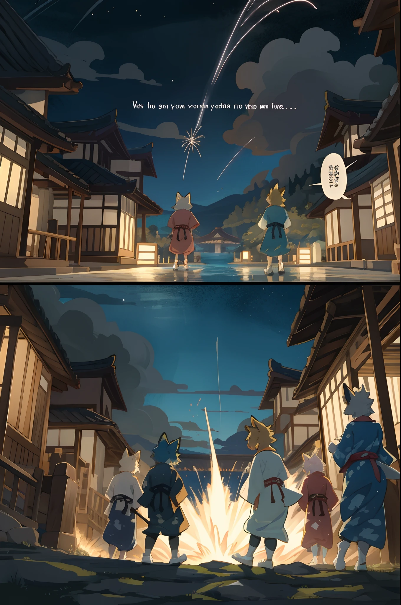 top quality, best quality, highres, masterpiece, super high resolution, detailed background, lake, nigh sky, firework, japanese yukata, 6+boys, 6+girls, absurdres(highly detailed beautiful face and eyes)perfect anatomy, good lighting, cinematic shadow(kemono, furry anthro)assorted expressions, assorted poses, assorted angles, full body, upper shot, dynamic angle(girls comic-like panel layouts, speech balloon, English text, Hand-drawn sound effects stickers used in girls comic),
