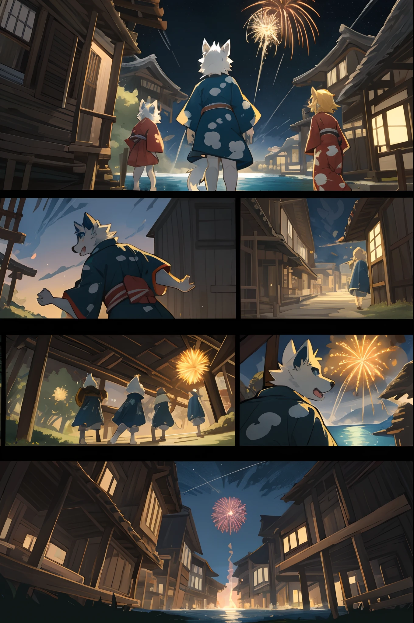top quality, best quality, highres, masterpiece, super high resolution, detailed background, lake, nigh sky, firework, japanese yukata, 6+boys, 6+girls, absurdres(highly detailed beautiful face and eyes)perfect anatomy, good lighting, cinematic shadow(kemono, furry anthro)assorted expressions, assorted poses, assorted angles, full body, upper shot, dynamic angle(girls comic-like panel layouts, speech balloon, English text, Hand-drawn sound effects stickers used in girls comic),