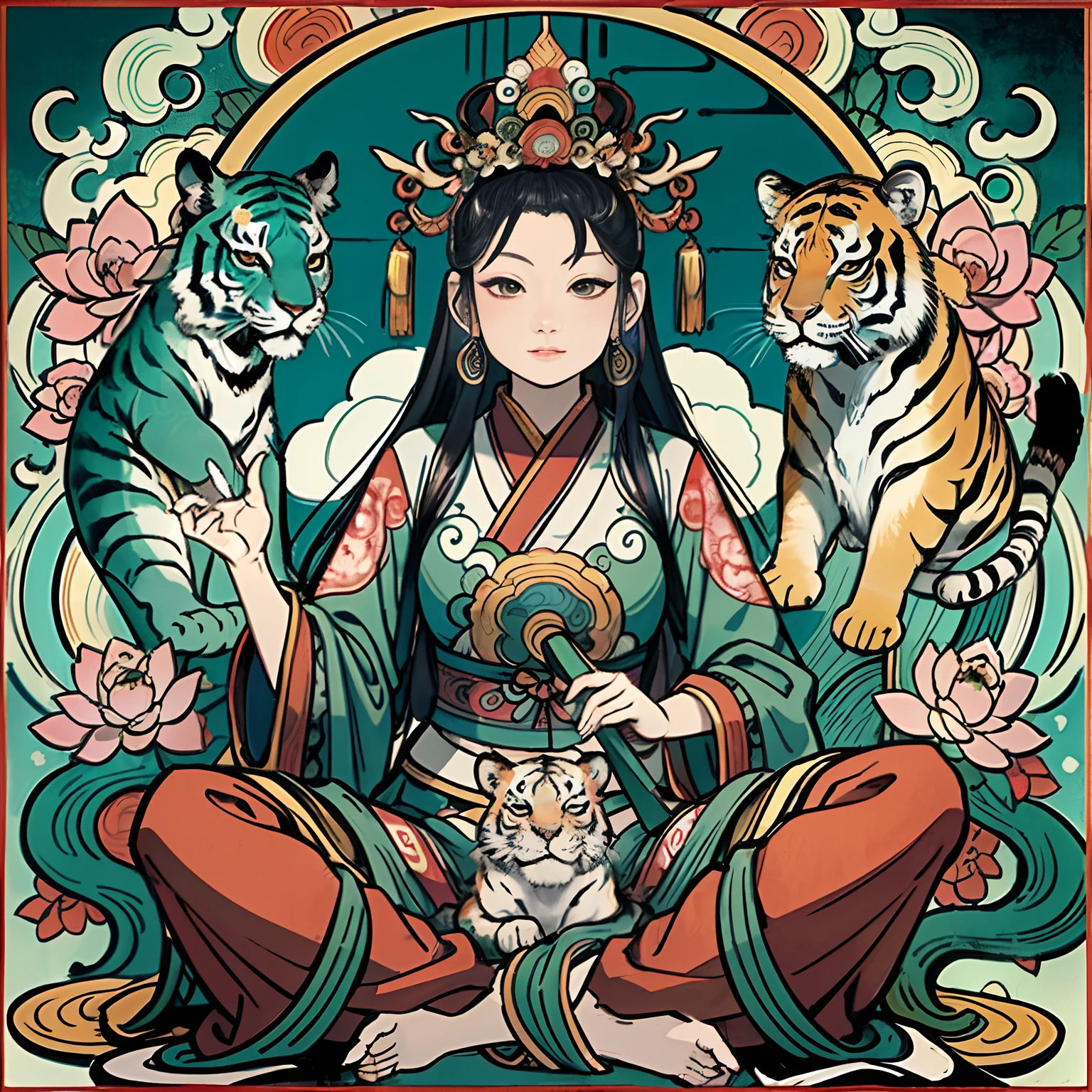 an ancient Chinese goddess, guanyin of the southern seas, Guanyin, Inspired by India, Avalokiteshvara rides a tiger,,Serene expression,shui mo hua,Buddha,Buddhist,Lotus,Chinese painting style,Thangka style