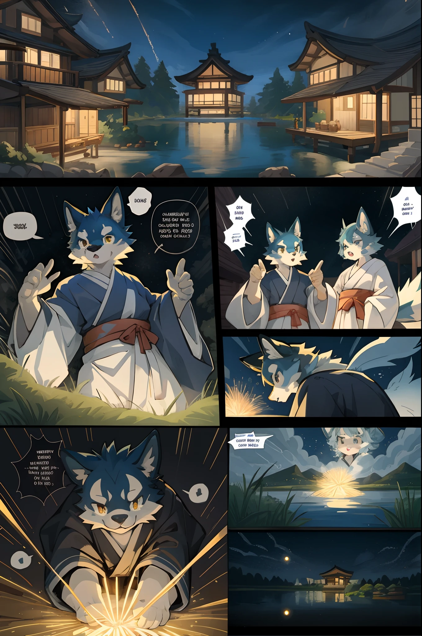 top quality, best quality, highres, masterpiece, super high resolution, detailed background, lake, nigh sky, firework, japanese yukata, 6+boys, 6+girls, absurdres(highly detailed beautiful face and eyes)perfect anatomy, good lighting, cinematic shadow(kemono, furry anthro)assorted expressions, assorted poses, assorted angles, full body, upper shot, dynamic angle(girls comic-like panel layouts, speech balloon, English text, Hand-drawn sound effects stickers used in girls comic),