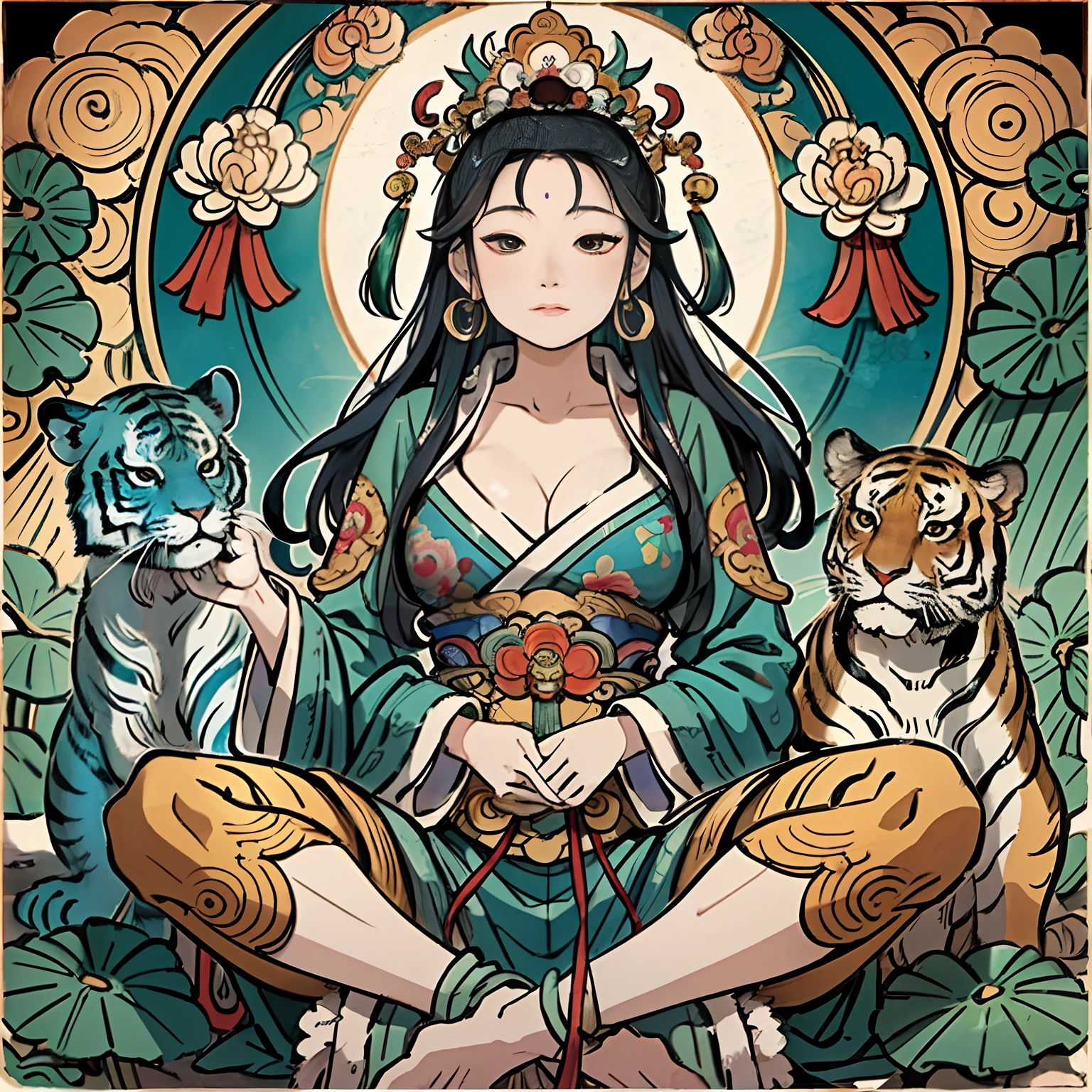 an ancient Chinese goddess, guanyin of the southern seas, Guanyin, Inspired by India, Avalokiteshvara rides a tiger,,Serene expression,shui mo hua,Buddha,Buddhist,Lotus,Chinese painting style,Thangka style
