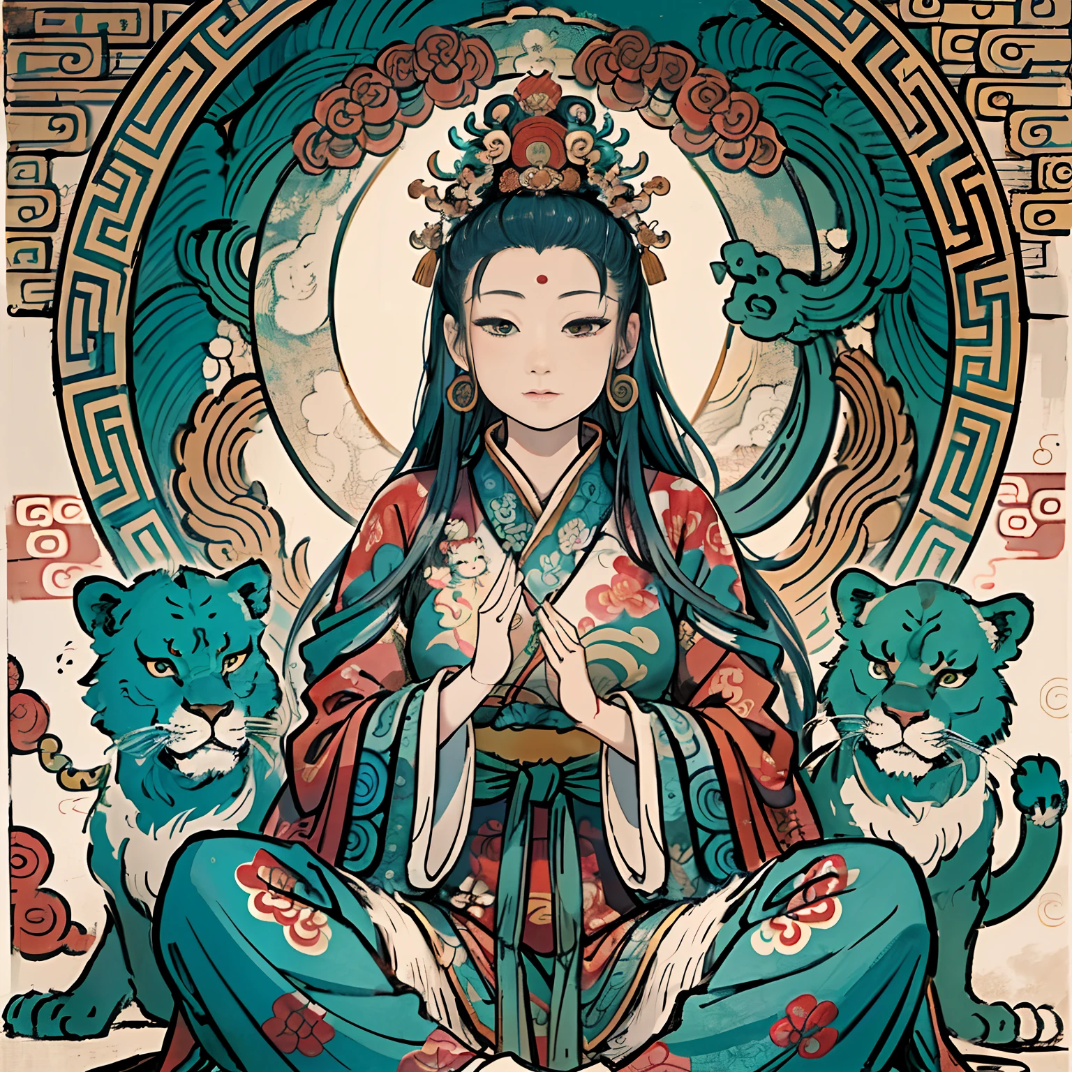 an ancient Chinese goddess, guanyin of the southern seas, Guanyin, Inspired by India, Avalokiteshvara rides a lion，,Serene expression,shui mo hua,Buddha,Buddhist,Lotus,Chinese painting style,Thangka style
