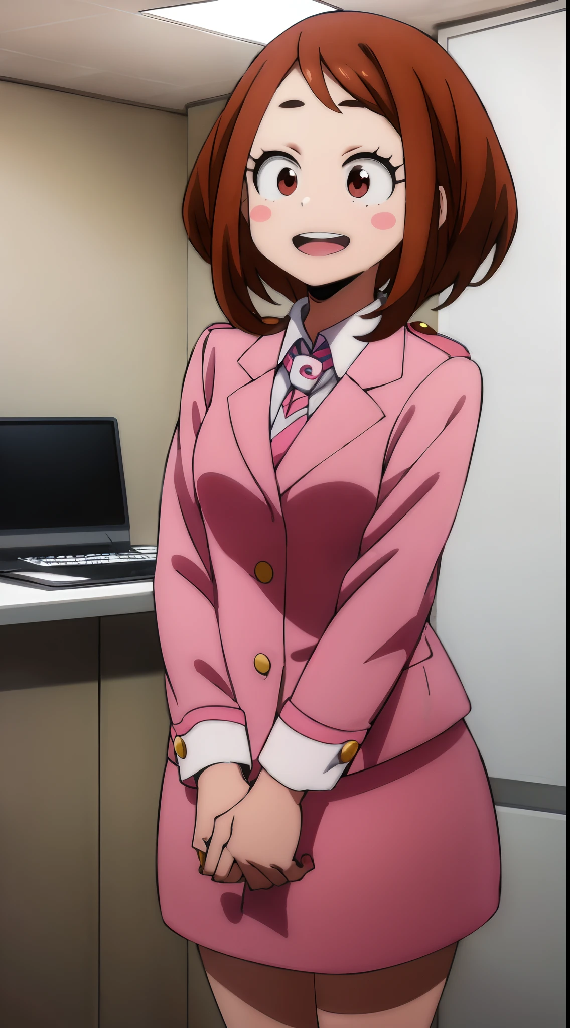 ochaco_uraraka, 1girl, solo, pink skirt suit, necktie, blush_stickers, pink pencil skirt, open_mouth, looking_at_viewer, smile, pink blazer, :d, long_sleeves, teeth, shirt, white_shirt, blush, cowboy_shot, standing, indoors, office, full_body, high_heels