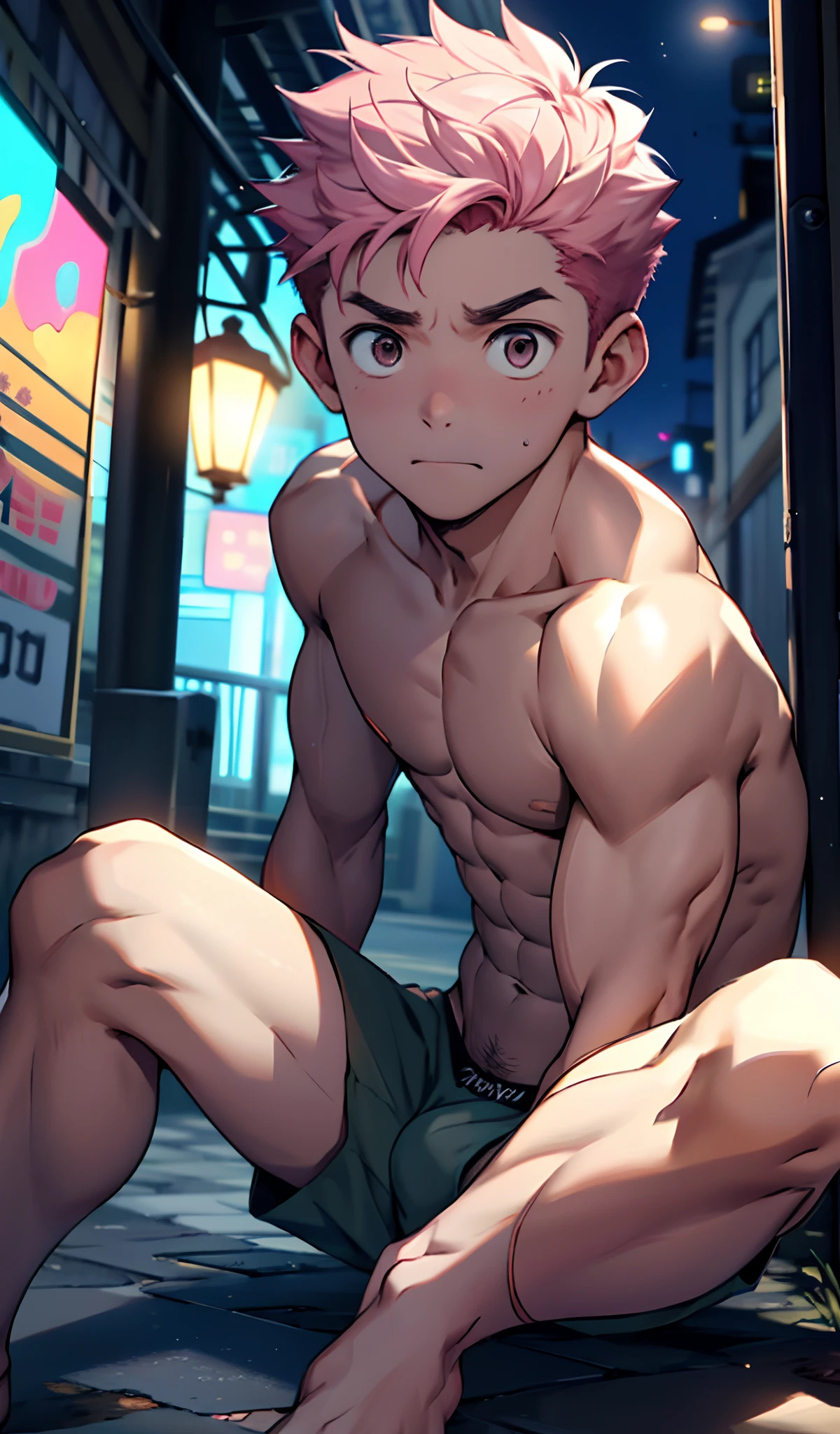 (masterpiece, best quality),Male children,nakeness,A young boy with,younge boy，Kid's face，Cold，infancy，Young age，Short round face，Flat chin，infancy,(Kid's face),spread their legs,Pink belly hair,Pink chest hair,Pink pubic hair,Young age,Flat chin,Fine face in detail,White men's briefs,musculous,pink short hair,Bright Hair,White eyes,Keep your eyes wide open,nakeness,White briefs,White briefs,Pectoralis abdominal muscles,Strong and well-developed muscles,bright,Bright and vivid colors,(depth of fields:1.2),Positive audience,looking at viewert,spread their legs,the night