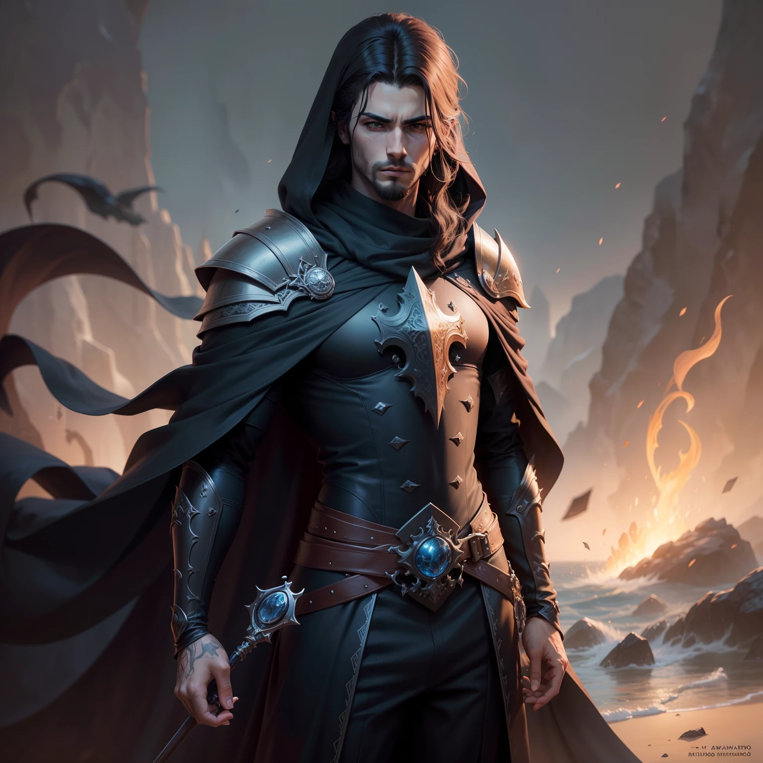 um close up de uma pessoa em um traje , design de personagens de fantasia sombria, mago de fogo, necromante de capa escura, arte conceitual de um monge, d&d arte do personagem dark sun, flowing robes and leather armor, feiticeiro masculino malvado, epic exquisite character art, pintado no estilo arcano, arte conceitual arcana, dark flowing robe