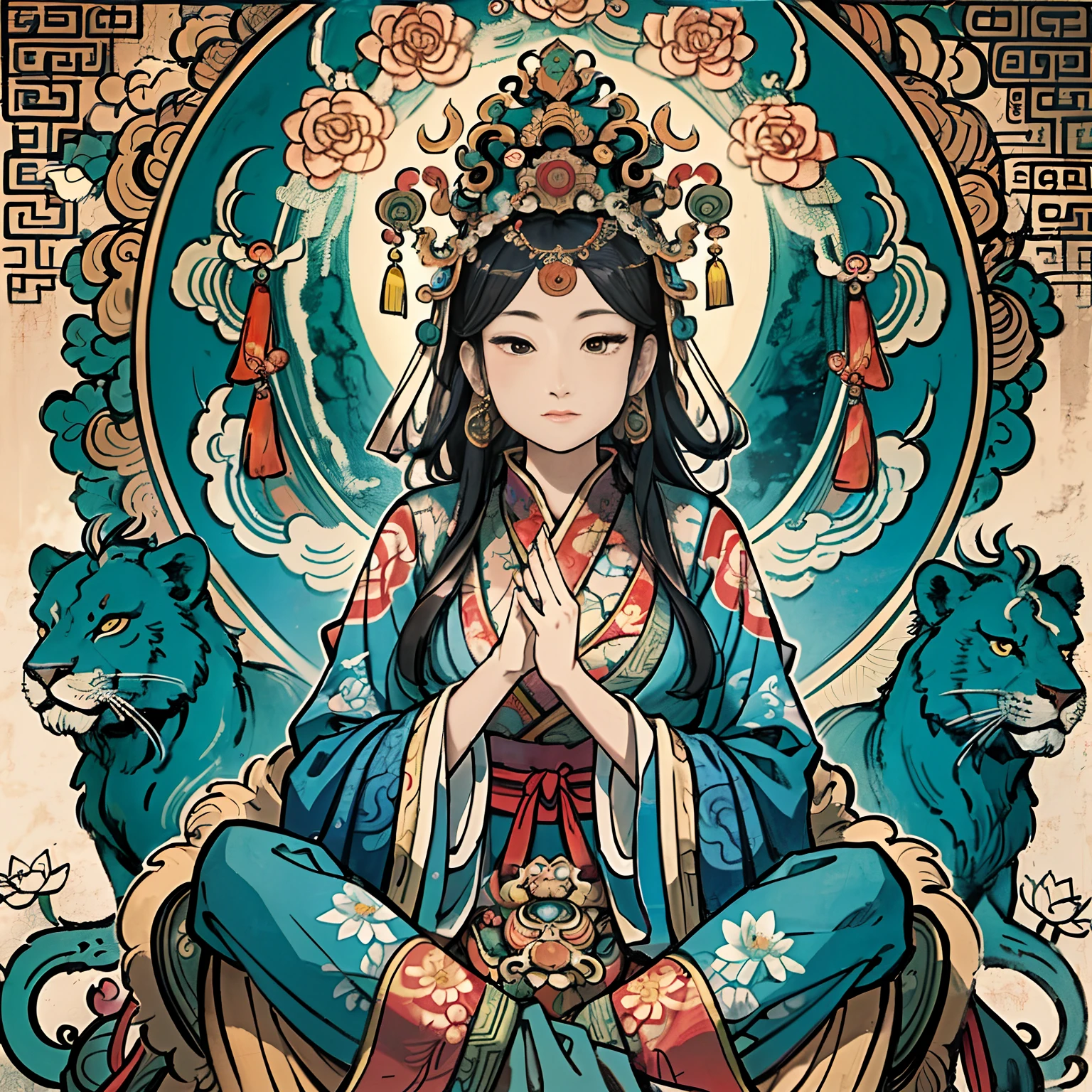 an ancient Chinese goddess, guanyin of the southern seas, Guanyin, Inspired by India, Avalokiteshvara rides a lion，,Serene expression,shui mo hua,Buddha,Buddhist,Lotus,Chinese painting style,Thangka style