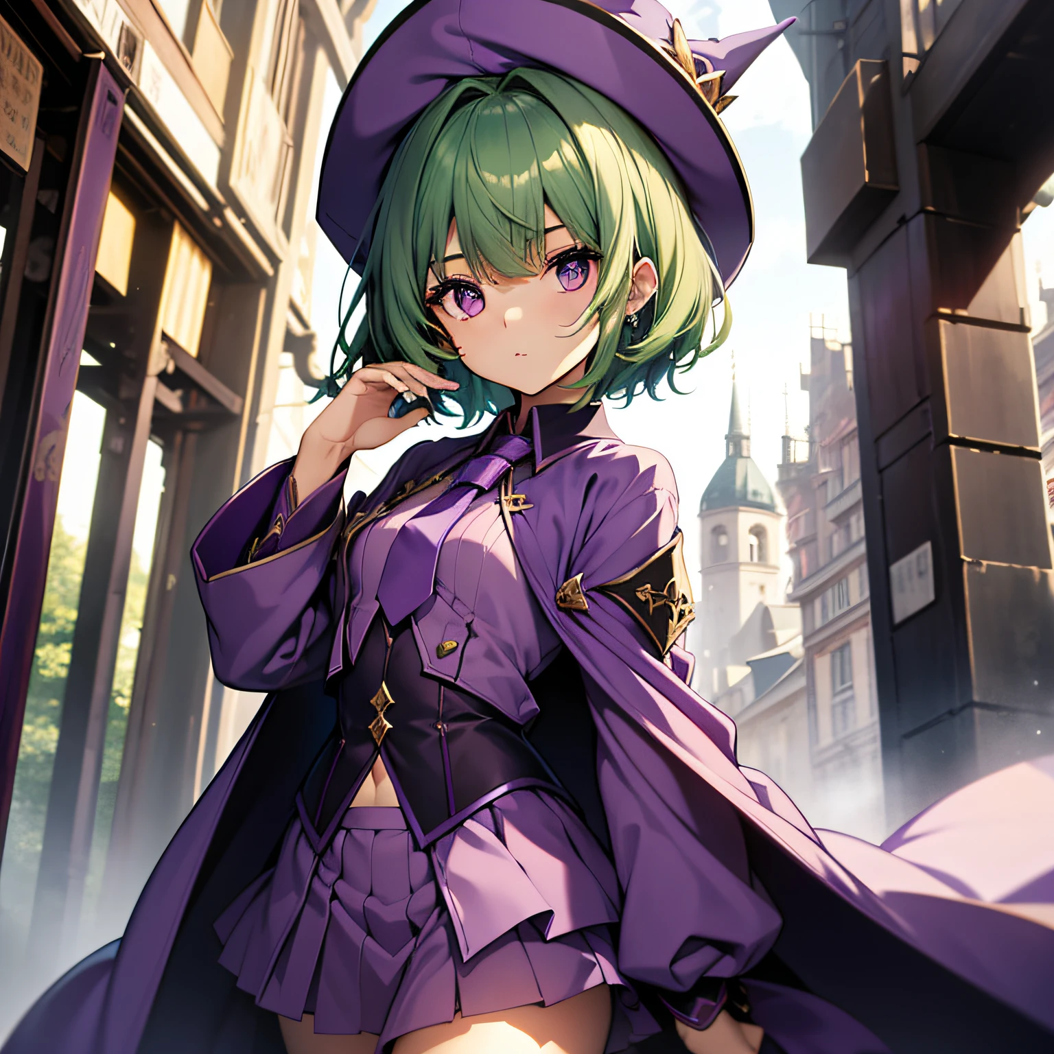 top-quality、extremely delicate and beautiful、(A  girl)、Purple Eye、Green hair、short-haired、(Purple pointy hat)、Purple tie、Soio、shortsleeves、Purple skirt、Purple Wizard Robe、Navel,is standing