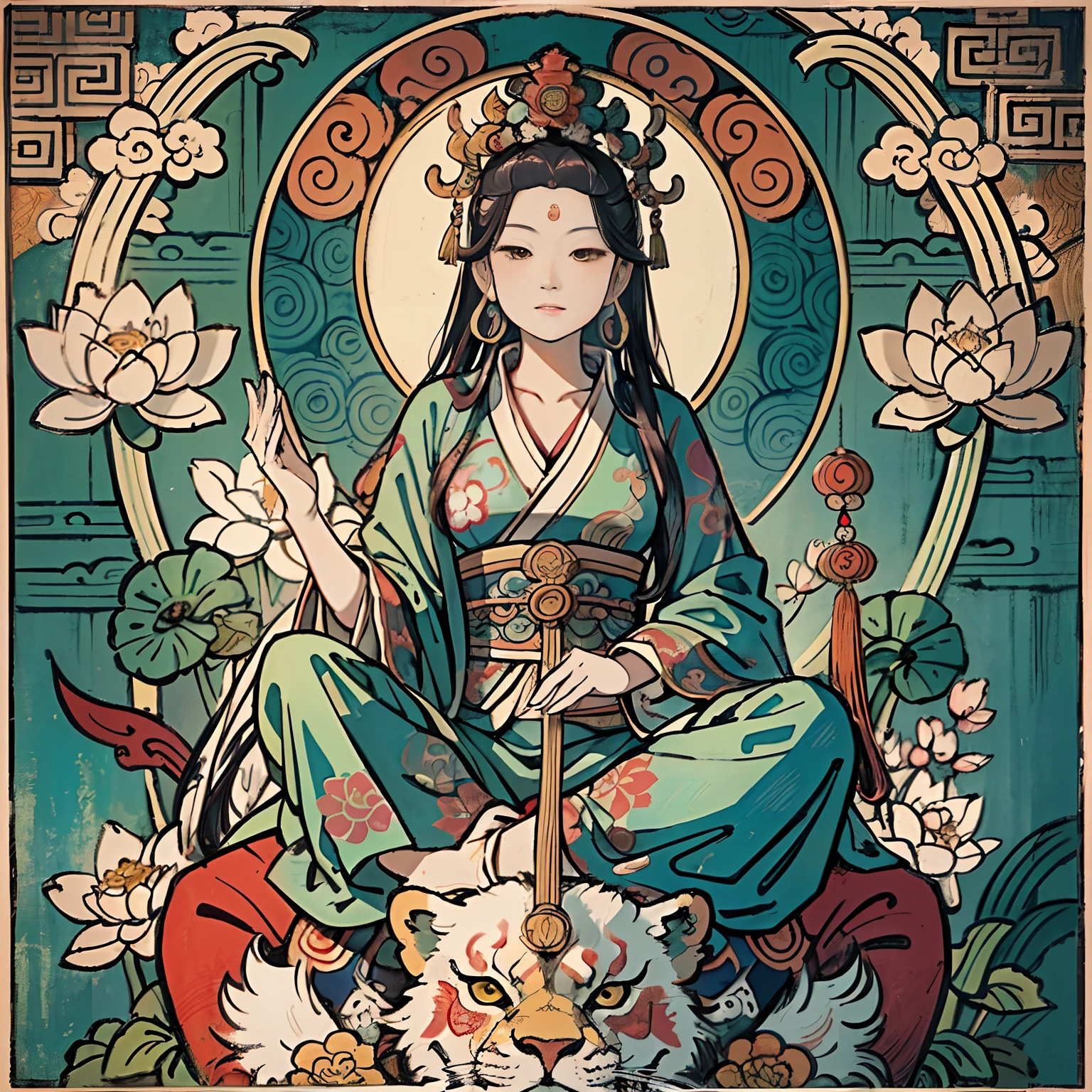 an ancient Chinese goddess, guanyin of the southern seas, Guanyin, Inspired by India, Avalokiteshvara rides a lion,,Serene expression,shui mo hua,Buddha,Buddhist,Lotus,Chinese painting style,Thangka style